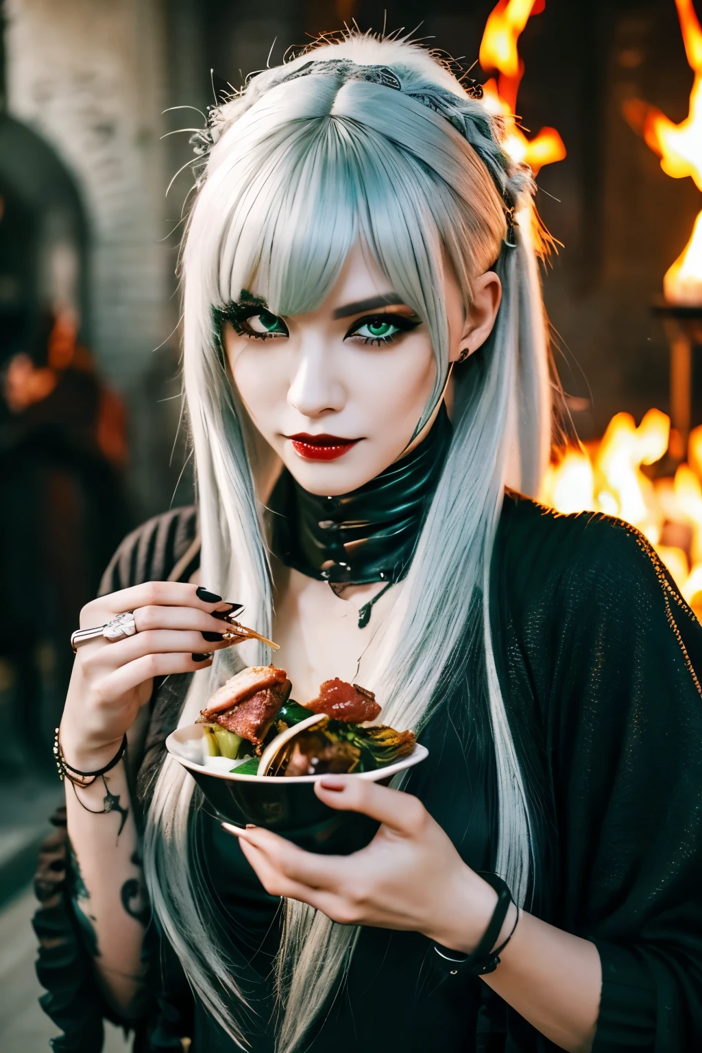 8k, highest quality, masterpiece:1.2),(highest quality:1.0),Beautiful vampire woman、Silver Hair、Green Eyes、sharp canines、tattoo、Eat meat on the bone、Torch fire、alone、Black clothes、Disheveled Hair