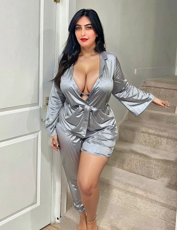 Black Pajamas, curvy body, cleavage
