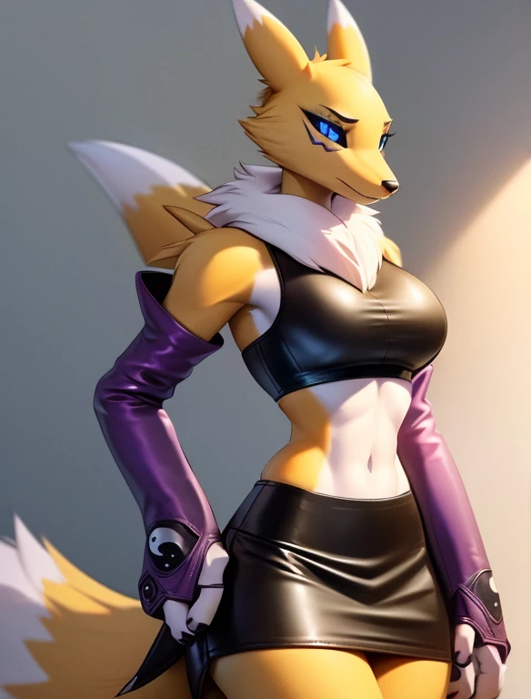 (furry Art, Uploaded On E621:1.4), Masterpiece, (best Quality:1.2), Simple Background, Detailed Image, Colorful, Vibrant Colors, Detailed Face, Perfect Lighting, Perfect Shadows, Perfect Eyes, Girl Focus, Perfect Hair, Blue Eyes, Perfect Face, Medium Breasts, Gorgeous Body, Hourglass Body, Shiny Body, 1girl, Solo, Center Focus, Renamon, Fox Ears, Tattoo, Fox Tail, Facial Mark, Fox Girl, Claws, Furry, Colored Sclera, Furry Female, Black Sclera, Body Fur, White Fur, Yin Yang, Animal Nose, Long Snout, Two-tone Fur, Digimon (creature), Yellow Fur, Upper Body, Cropped Torso, Steaming Body, (one Tail:1.8) (((seductive, Leather Skirt, Leather Sports Bra, Bare Shoulder, Bridal Gauntlets, Sleeves)))