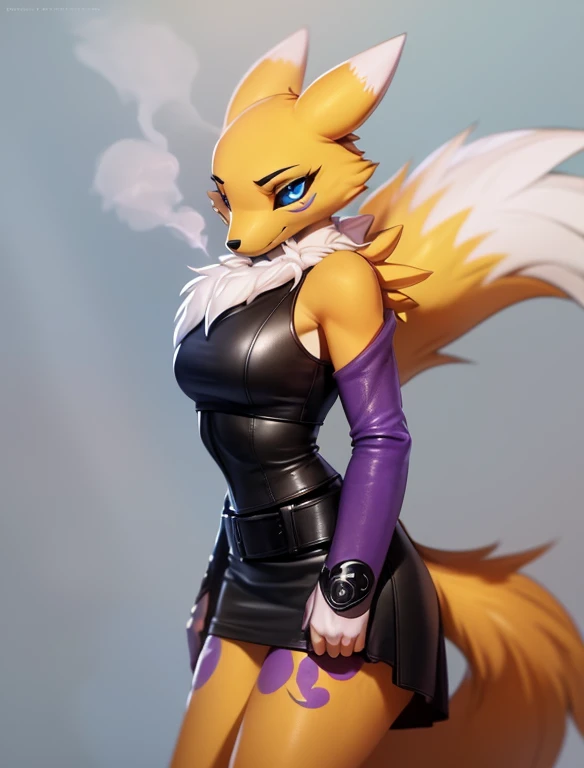 (furry Art, Uploaded On E621:1.4), Masterpiece, (best Quality:1.2), Simple Background, Detailed Image, Colorful, Vibrant Colors, Detailed Face, Perfect Lighting, Perfect Shadows, Perfect Eyes, Girl Focus, Perfect Hair, Blue Eyes, Perfect Face, Medium Breasts, Gorgeous Body, Hourglass Body, Shiny Body, 1girl, Solo, Center Focus, Renamon, Fox Ears, Tattoo, Fox Tail, Facial Mark, Fox Girl, Claws, Furry, Colored Sclera, Furry Female, Black Sclera, Body Fur, White Fur, Yin Yang, Animal Nose, Long Snout, Two-tone Fur, Digimon (creature), Yellow Fur, Upper Body, Cropped Torso, Steaming Body, (one Tail:1.8) (((seductive, Leather Skirt, Leather Sports Bra, Bare Shoulder, Bridal Gauntlets, Sleeves)))