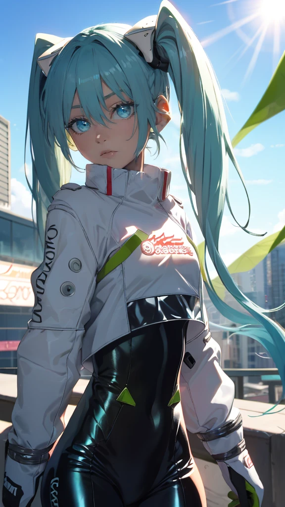 (masterpiece, highest quality), Backlight, Lens flare, Wide Shot, Fisheye Lens , (Face Focus, Depth of written boundary, close: 1.5), Super Detail, figure, colorful, (Fault Color: 1.3), (Immidshot: 1.3), video, Wide-angle, Upper Body, miku hatsune, big breasts, Spotless, Dark green hair, Twin tails, Very long hair, Put your arms behind your back, blue eyes, Glowing Eyes, Relaxed face, Eyebrow hair, Shiny Hair, Glowing Skin, A light smile, racing Miku, Black bodysuit, Cropped jacket, White jacket, Long sleeve, Two-tone gloves, Thigh-high boots, bright, Beautiful detailed sky, city, street,