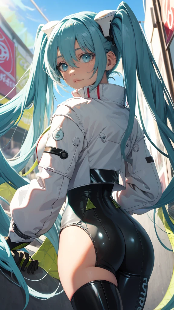 (masterpiece, highest quality), Backlight, Lens flare, Wide Shot, Fisheye Lens , (Face Focus, Depth of written boundary, close: 1.5), Super Detail, figure, colorful, (Fault Color: 1.3), (Immidshot: 1.3), video, Wide-angle, Upper Body, miku hatsune, big breasts, Spotless, Dark green hair, Twin tails, Very long hair, Put your arms behind your back, blue eyes, Glowing Eyes, Relaxed face, Eyebrow hair, Shiny Hair, Glowing Skin, A light smile, racing Miku, Black bodysuit, Cropped jacket, White jacket, Long sleeve, Two-tone gloves, Thigh-high boots, bright, Beautiful detailed sky, city, street,