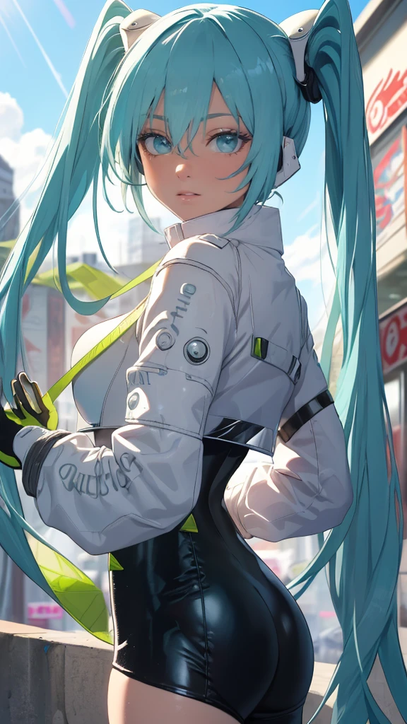 (masterpiece, highest quality), Backlight, Lens flare, Wide Shot, Fisheye Lens , (Face Focus, Depth of written boundary, close: 1.5), Super Detail, figure, colorful, (Fault Color: 1.3), (Immidshot: 1.3), video, Wide-angle, Upper Body, miku hatsune, big breasts, Spotless, Dark green hair, Twin tails, Very long hair, Put your arms behind your back, blue eyes, Glowing Eyes, Relaxed face, Eyebrow hair, Shiny Hair, Glowing Skin, A light smile, racing Miku, Black bodysuit, Cropped jacket, White jacket, Long sleeve, Two-tone gloves, Thigh-high boots, bright, Beautiful detailed sky, city, street,