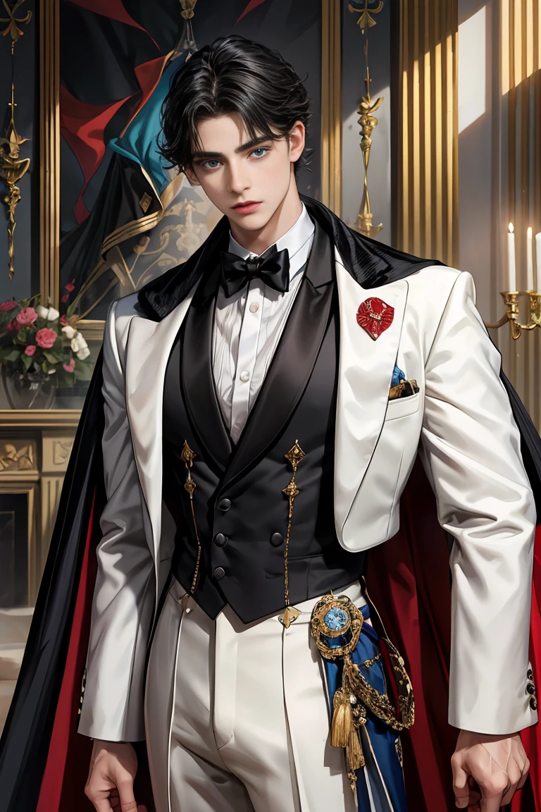 masterpiece, 最high quality, high quality, 1 boy, alone, Male focus, Watching the audience, Messy black hair, Adorable big blue eyes, White, Noble, Noble, Tuxedo、A very voluminous, large, very large, very large, long, long red and black cape with a high stand-up collar, made of a lot of fabric that reaches down to the floor., 17 years old,Cute beautiful boys,Cute, cute, kind, handsome guy