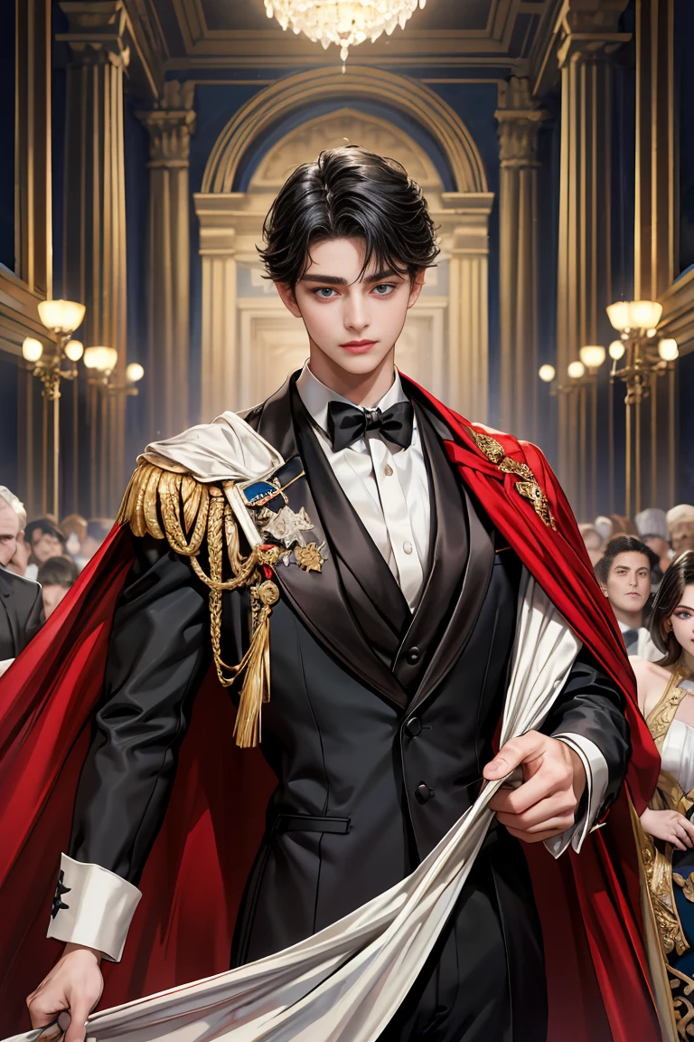 
masterpiece, 最high quality, high quality, 1 boy, alone, Male focus, Watching the audience,  Messy black hair, Adorable big blue eyes, White, Noble, Noble, Tuxedo、A very voluminous, large, very large, very large, long, long red and black cape with a high stand-up collar, made of a lot of fabric that reaches down to the floor., ,Cute beautiful boys,Cute, cute, kind, handsome guy