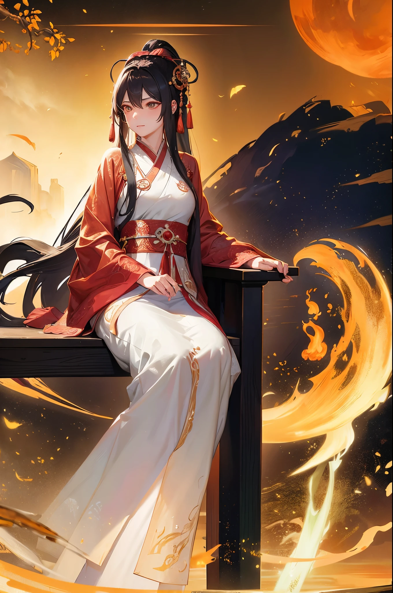 ancient china mythology, traditional style, greg rutkowski, bashful queen, isekai fantasy, wuxia genre, sitting at a table, (highly stylized artstyle), landscape