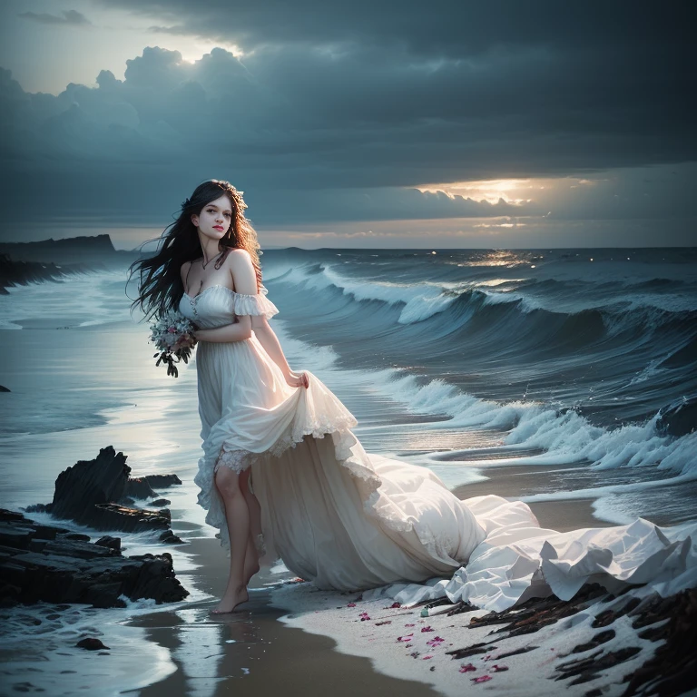 British woman in a tattered white dress washed up on a beach, Fear and anxiety expression、Surreal photos of the beach, Spooky sky、Photo Editing, Fantasy Photography, Photo by Alexei Grilev, Beauty, Photo: Alexei Kurylev, Inspired by Irakli Nadar, Photo Editing, Photo Editing, Inspired by Brooke Shaden, realistic Fantasy Photography, Brooke Schadden Details