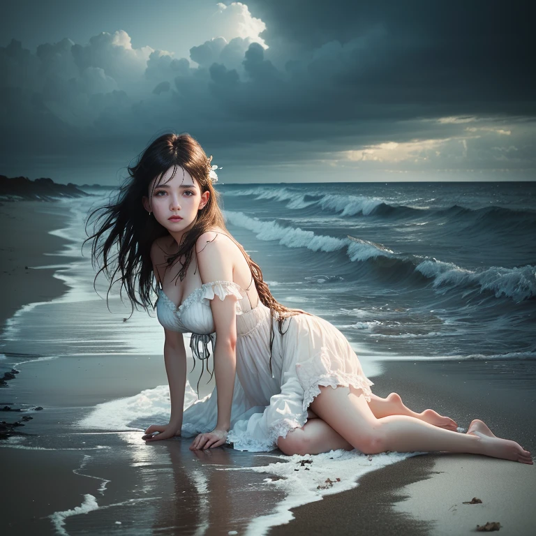 British woman in a tattered white dress washed up on a beach, Fear and anxiety expression、Surreal photos of the beach, Spooky sky、Photo Editing, Fantasy Photography, Photo by Alexei Grilev, Beauty, Photo: Alexei Kurylev, Inspired by Irakli Nadar, Photo Editing, Photo Editing, Inspired by Brooke Shaden, realistic Fantasy Photography, Brooke Schadden Details
