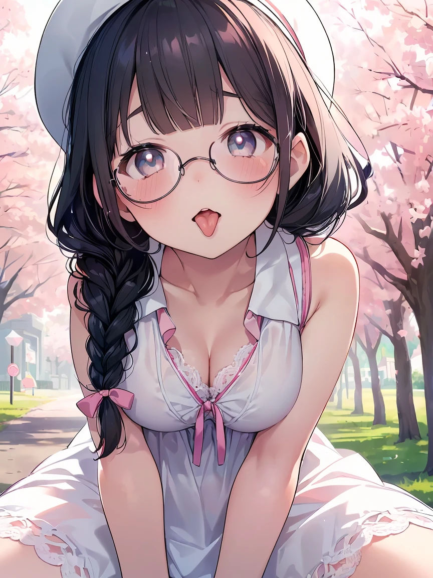 Very detailed, highest quality, High resolution, Moe Anime, ((A cute elementary school girl with black hair and droopy eyes)), ((Wearing large round glasses:1.4)), (Baby Face), Cute eyes, Detailed eye depiction, Sparkle in the eyes, View your viewers, Pale skin, (Big eyes:1.4, Droopy eyes:1.4, Fatty face:1.4), smile, Focus on the face, In the park with cherry blossoms falling, Sitting, (Extreme close up of tongue), (((From below))), Open your mouth, (((Face only:1.3))), ((white lace sleeveless dress)), Bright Eyes, Light from the front, (Put your hands between your legs:1.4), large and long tongue, Cleavage, Braided hairstyle, Pink ribbon