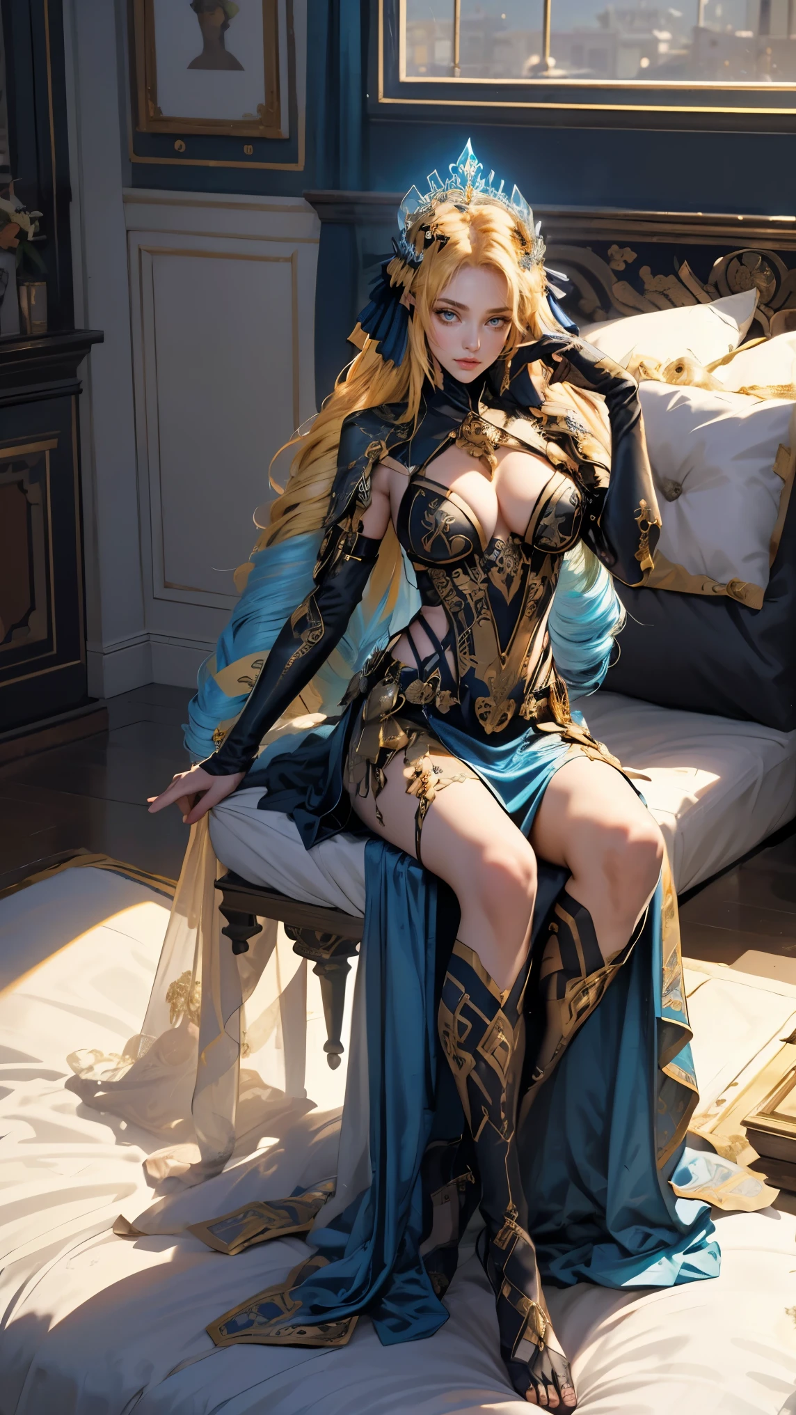 Best quality, masterpiece, ultra high res, raw photo, beautiful and aesthetic,deep shadow, dark theme,(ultra detailed:1.3),
1girl, sitting on bed, Headdress, hair ornament, full of curtain, drill hair, long hair, blonde hair, gradient hair, yellow eyes, solo, huge breasts, G-cup, big hair, blue hair, tiara, divine goddess, looking at viewer, royal palace, indoors, bedroom, astraea, full body, mechanical arm, holy paladin, gothic theme, baroque theme, mechangel