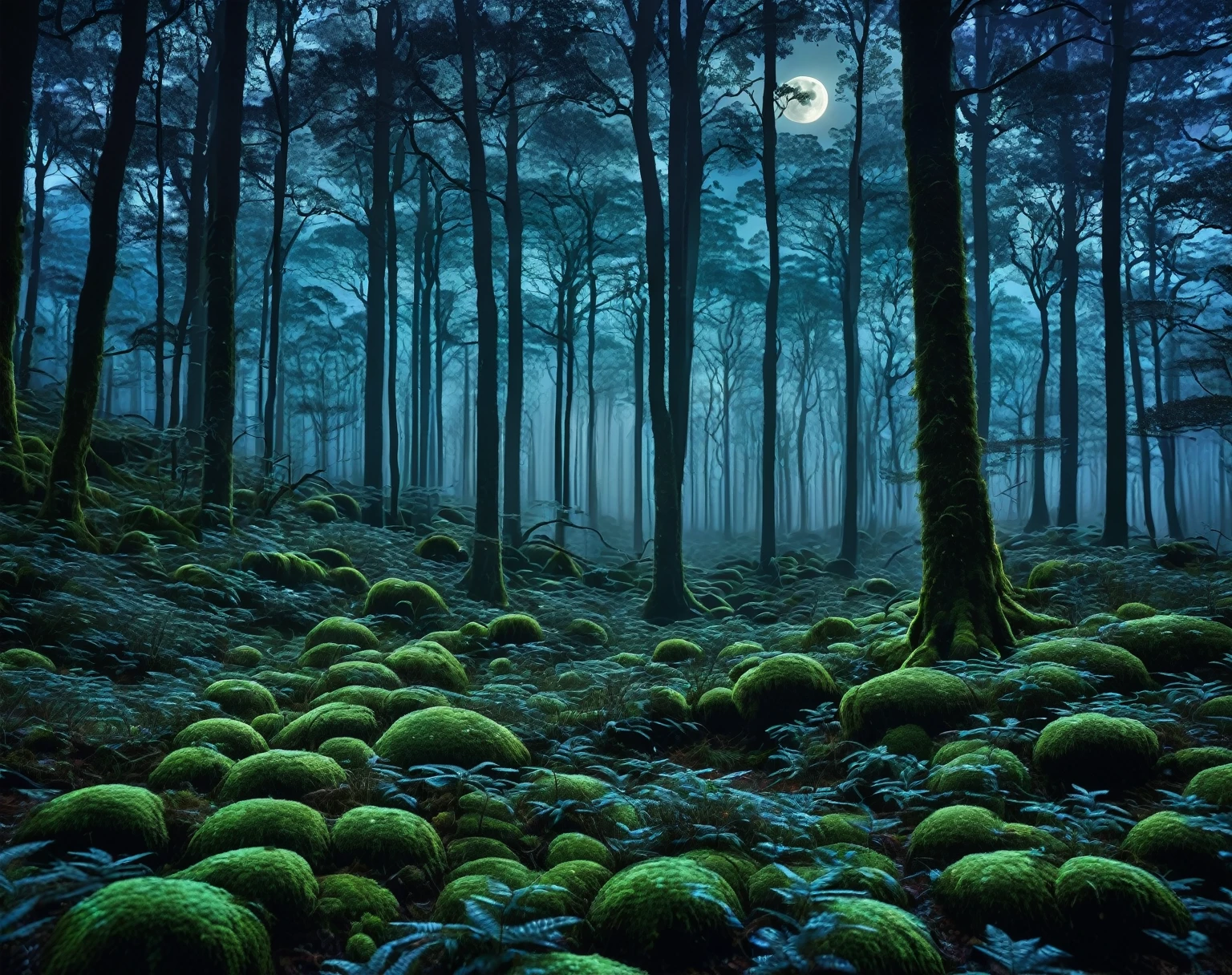 Description: A dense and gloomy forest at night, illuminated only by the soft light of the full moon filtered through the treetops. The trees have a surreal texture, with intricate patterns and leaves that appear to glow in the moonlight. The forest floor is covered in moss and damp leaves, reflecting the moonlight and creating an ethereal effect. Subtle color variations, como azul escuro, verde esmeralda e violeta, give the scene a mysterious and enchanting appearance.