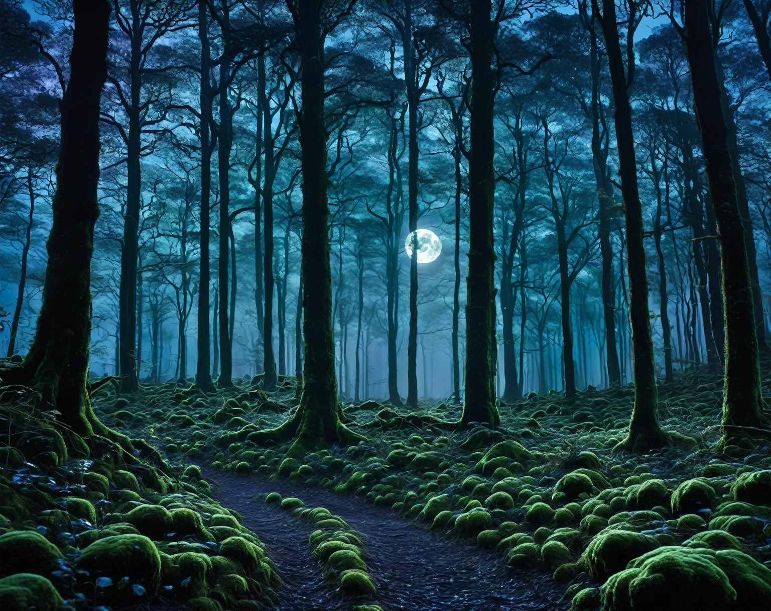 Description: A dense and gloomy forest at night, illuminated only by the soft light of the full moon filtered through the treetops. The trees have a surreal texture, with intricate patterns and leaves that appear to glow in the moonlight. The forest floor is covered in moss and damp leaves, reflecting the moonlight and creating an ethereal effect. Subtle color variations, como azul escuro, verde esmeralda e violeta, give the scene a mysterious and enchanting appearance.