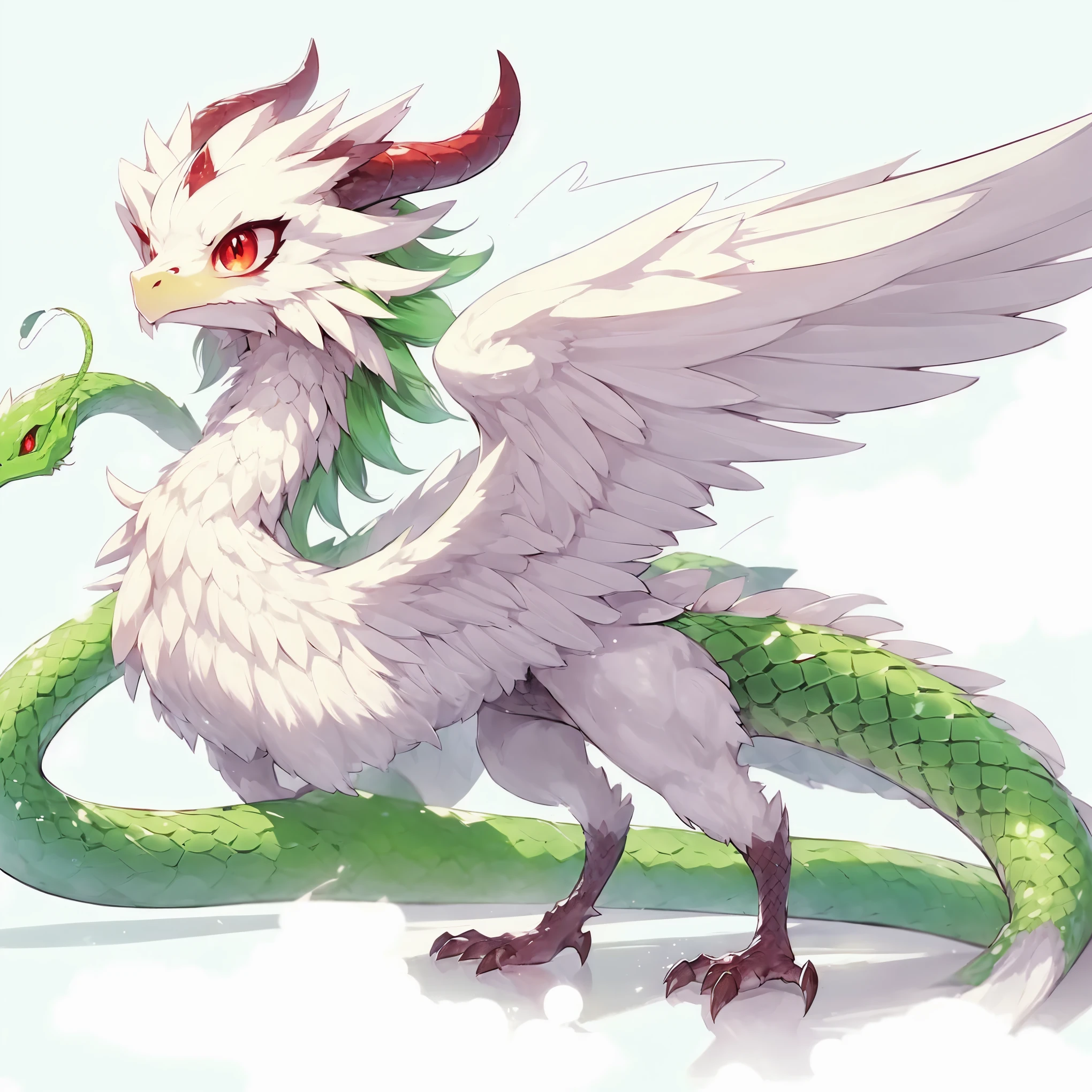 Female Dragon. Cockatrice element. furryfemale. white body. red eye. green tail. snake tail. poison aura. snake eyes. bipedal walking. anime style