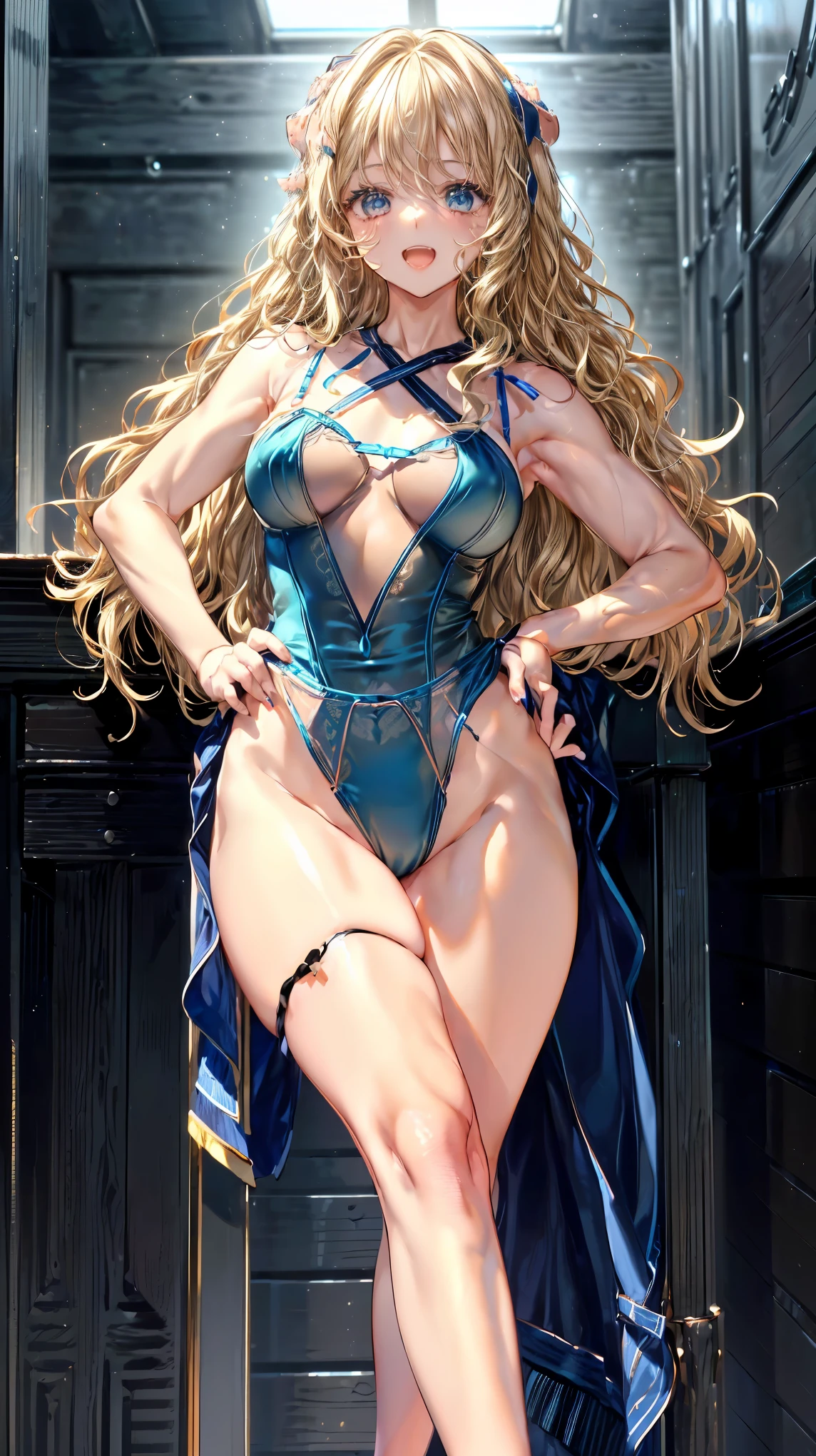 (Adult women:1.5)、Very detailed、highest quality、Best image quality、masterpiece、8k、Anime Face、A kind smile、(Open your mouth:1.3)、Sparkling blue eyes、(Blonde Wavy Hair:1.5)、、Muscles of the whole body、(High leg:1.5)、Thigh belt、(Wearing lingerie:1.5)、(Cowboy Shot:1.5)、SFW Giant、(Put your hands on your hips)