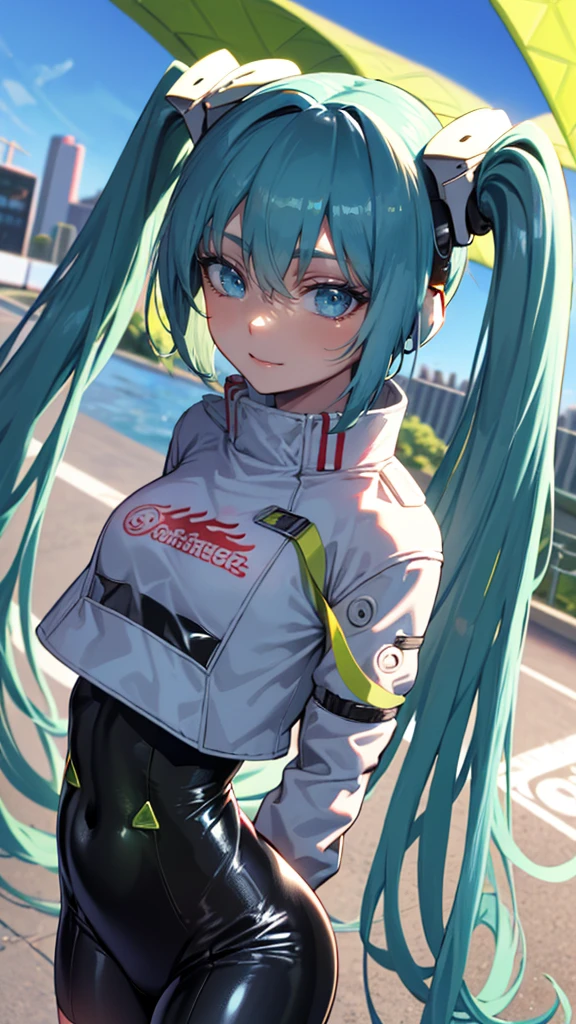 (masterpiece, highest quality), Backlight, Lens flare, Wide Shot, Fisheye Lens , (Face Focus, Depth of written boundary, close: 1.5), Super Detail, figure, colorful, (Fault Color: 1.3), (Immidshot: 1.3), video, Wide-angle, Upper Body, miku hatsune, big breasts, Spotless, Dark green hair, Twin tails, Very long hair, Put your arms behind your back, blue eyes, Glowing Eyes, Relaxed face, Eyebrow hair, Shiny Hair, Glowing Skin, A light smile, racing Miku, Black bodysuit, Cropped jacket, White jacket, Long sleeve, Two-tone gloves, Thigh-high boots, bright, Beautiful detailed sky, city, street,