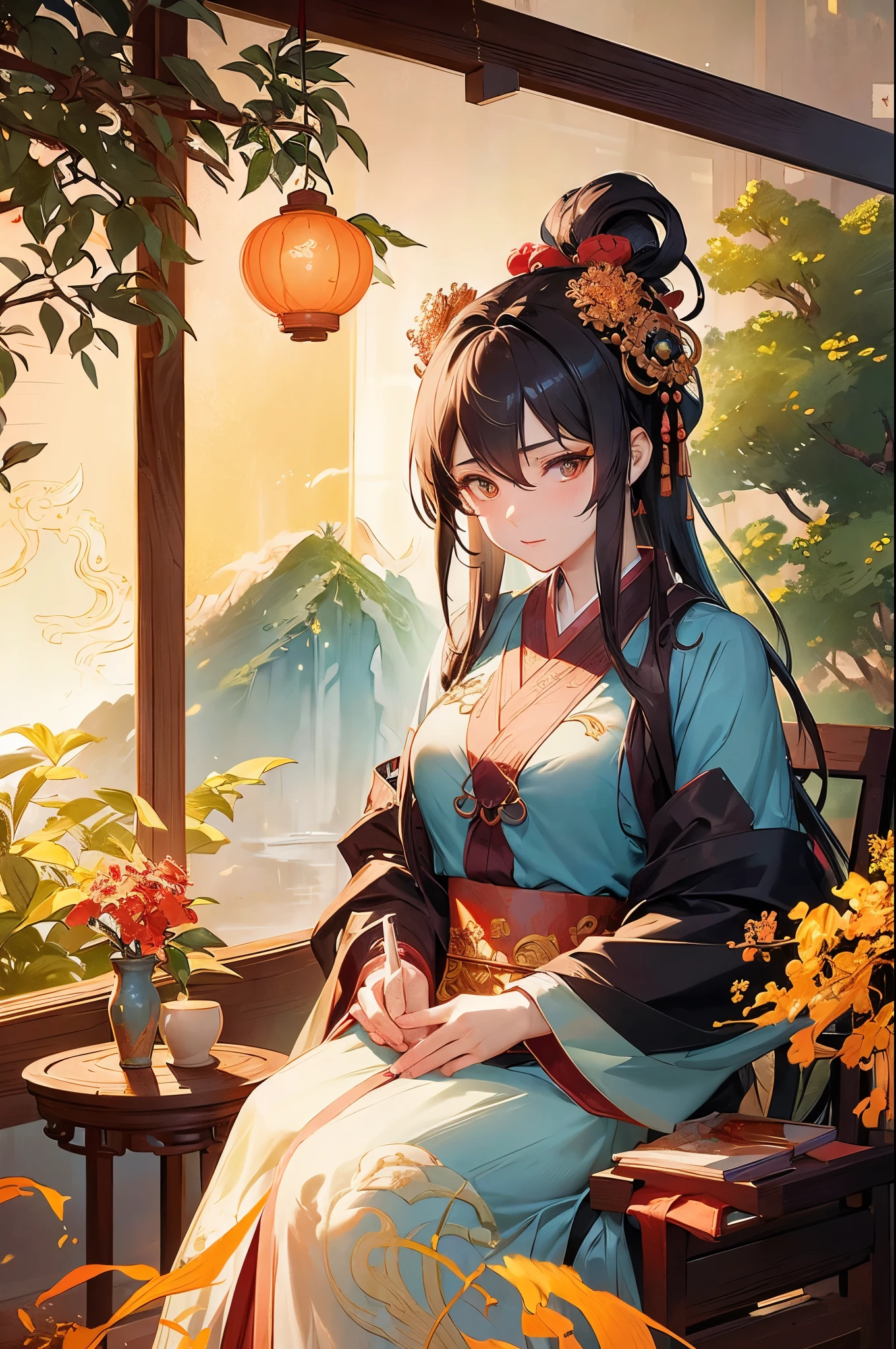 ancient china mythology, traditional style, greg rutkowski, bashful queen, isekai fantasy, wuxia genre, sitting at a table, (highly stylized artstyle), landscape