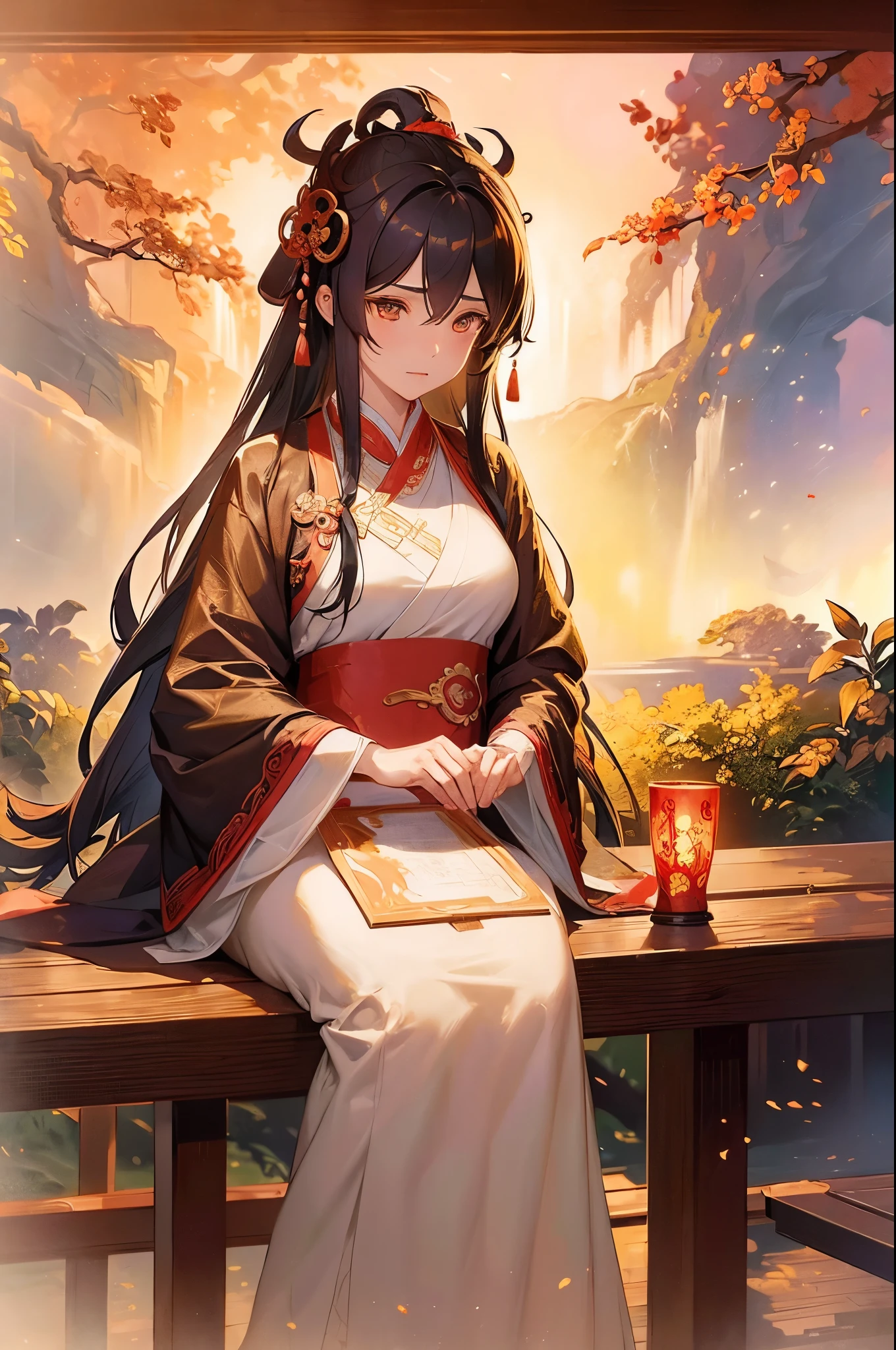 ancient china mythology, traditional style, greg rutkowski, bashful queen, isekai fantasy, wuxia genre, sitting at a table, (highly stylized artstyle), landscape