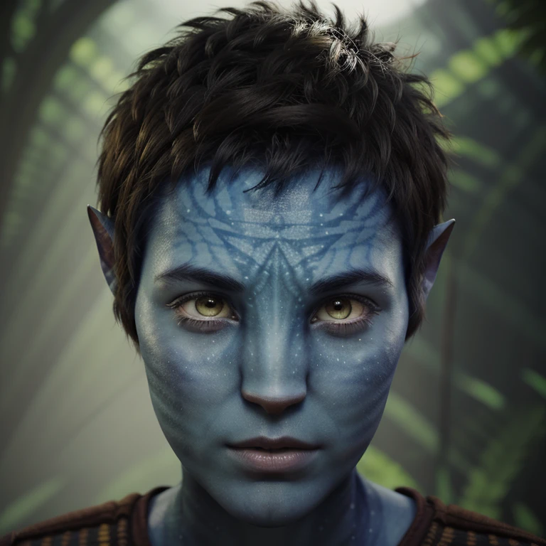 avatar style, portrait:1.6, 1girl, female, (blue skin tone:1.0), (short hair:1.0), pointy ears:1, pixie cut hairstyle, dark brown hair color, yellow eyes, 18 years old:1, face wrinkles, wearing tribal clothing, wearing a top:1, detailed eyes, toned body, muscled body, glowing, ethereal atmosphere, dreamy lighting, otherworldly beauty, (best quality, highres), ultrarealistic, skin details, striped skin, sfw, ultradetailed body, simple background:1, avtr:1, looking up