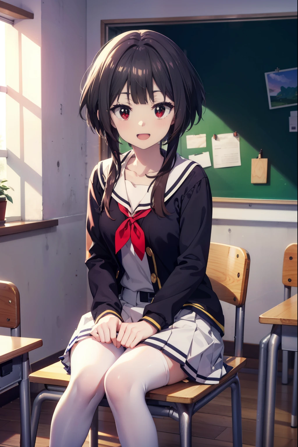 konosubaMegumin, Megumin, short hair, Black Hair, (Red eyes:1.3), short hair with long locks,happy smile, smile, Open your mouth,
White sailor suit,Black cardigan,Short sleeve,White Thailand,Red pleated skirt,White tights,Black Loafers,Sitting in a chair,There is a textbook on the desk,whole bodyがイラストに入るように,
break indoor, School　classroom,crowd, people々々,
break looking at viewer, whole body,
break (masterpiece:1.2), highest quality, High resolution, unity 8k wallpaper, (shape:0.8), (Fine and beautiful eyes:1.6), Highly detailed face, Perfect lighting, Highly detailed CG, (Perfect hands, Perfect Anatomy),