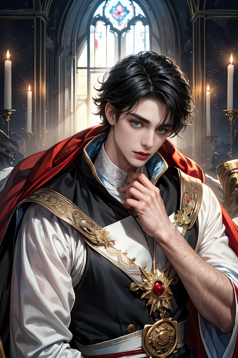 
masterpiece, 最high quality, high quality, 1 boy, alone, Male focus, Watching the audience,  Messy black hair, Adorable big blue eyes, White, Noble, Noble, Beautiful angel、A very large, voluminous, long, long, red and black cape made with a lot of fabric that reaches all the way down to the floor., 17 years old,Cute beautiful boys,Cute, cute, kind, handsome guy