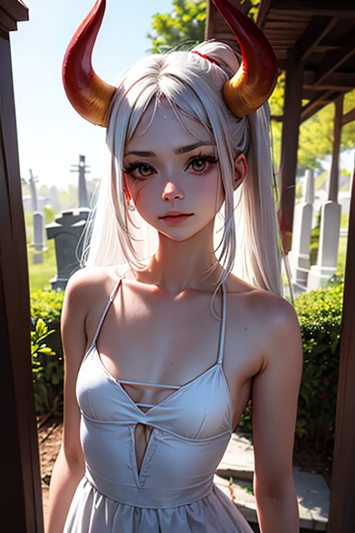 corpse, sinister, female, Thin, pale, looking at the camera, ultra realistic, fully detailed, Cemetery environment, bright eyes, white dress torn and stained with blood, bones exposed, putrefactive wounds, sensual, terrifying, bruised from the body, open clavicle fracture, slight smile, Super detailed, white eyes,body shots, black hair, yamato, photo, red horns, White hair,