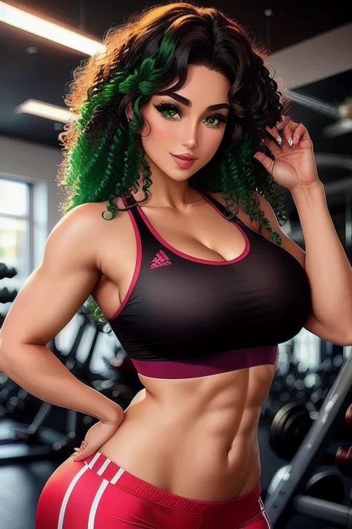 create a 29 year old girl, with green eyes curly hair, sexy body in the gym
