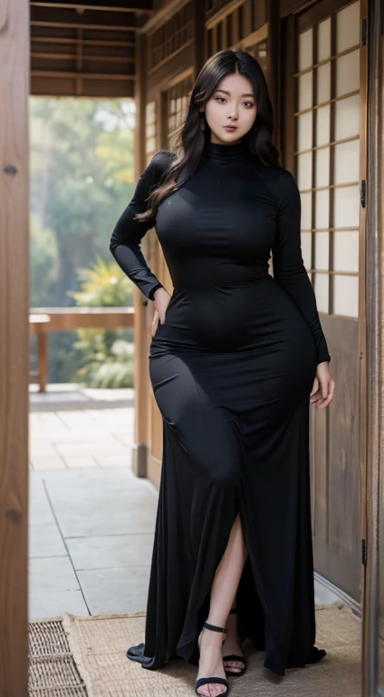 (Masterpiece,Best Quality:1.3),(depth of field:1.3) ,((front body:1.35)) ,Japanese woman,20 years old, Long Sleeve Round neck long Maxi dress (Tight:1.2) long Dress, huge breast, thin waist, natural abs, ((wide hips)), thick thigh, thick legs, (looking at viewer:1.3), (full body shot:1.2),standing,