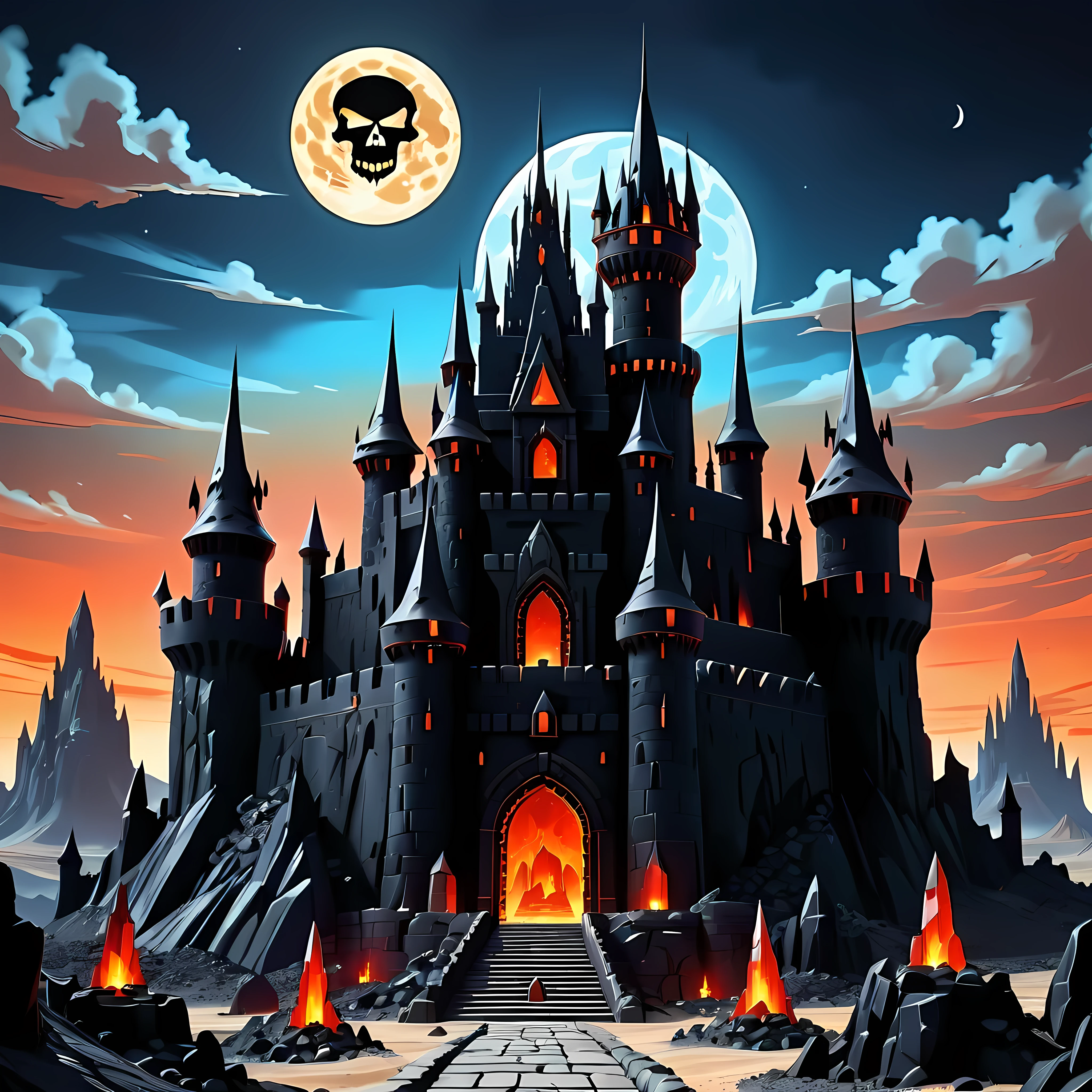 Bright cartoon, evil castle perched ominously on barren landscape of Moon, jagged spires and turrets crafted from obsidian stone, massive gates with skull motifs and lava moats, sinister banners, epic, masterpiece in maximum 16K resolution, superb quality
