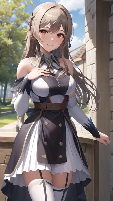 Obra maestra, mejor calidad, high resolution, fel1, guanteletes de novia, muslos negros, hombros descubiertos, belt, correas de liga, vestido blanco, guantes de codo, al aire libre, sonrisa, tiro de vaquero,