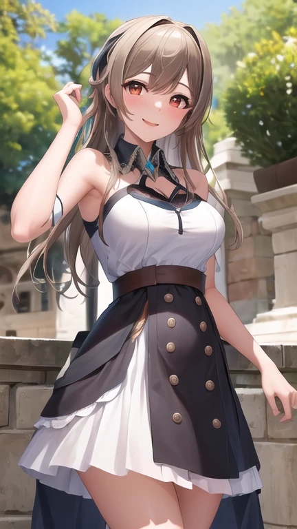 Obra maestra, mejor calidad, high resolution, fel1, guanteletes de novia, muslos negros, hombros descubiertos, belt, correas de liga, vestido blanco, guantes de codo, al aire libre, sonrisa, tiro de vaquero,