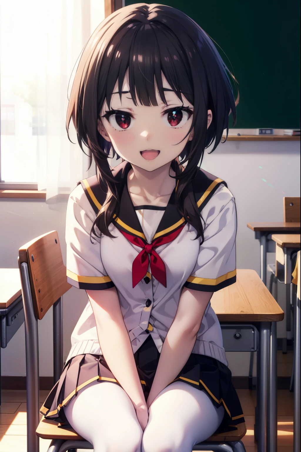 konosubaMegumin, Megumin, short hair, Black Hair, (Red eyes:1.3), short hair with long locks,happy smile, smile, Open your mouth,
White sailor suit,Black cardigan,Short sleeve,White Thailand,Red pleated skirt,White tights,Black Loafers,Sitting in a chair,There is a textbook on the desk,whole bodyがイラストに入るように,
break indoor, School classroom,crowd, people々々,
break looking at viewer, whole body,
break (masterpiece:1.2), highest quality, High resolution, unity 8k wallpaper, (shape:0.8), (Fine and beautiful eyes:1.6), Highly detailed face, Perfect lighting, Highly detailed CG, (Perfect hands, Perfect Anatomy),