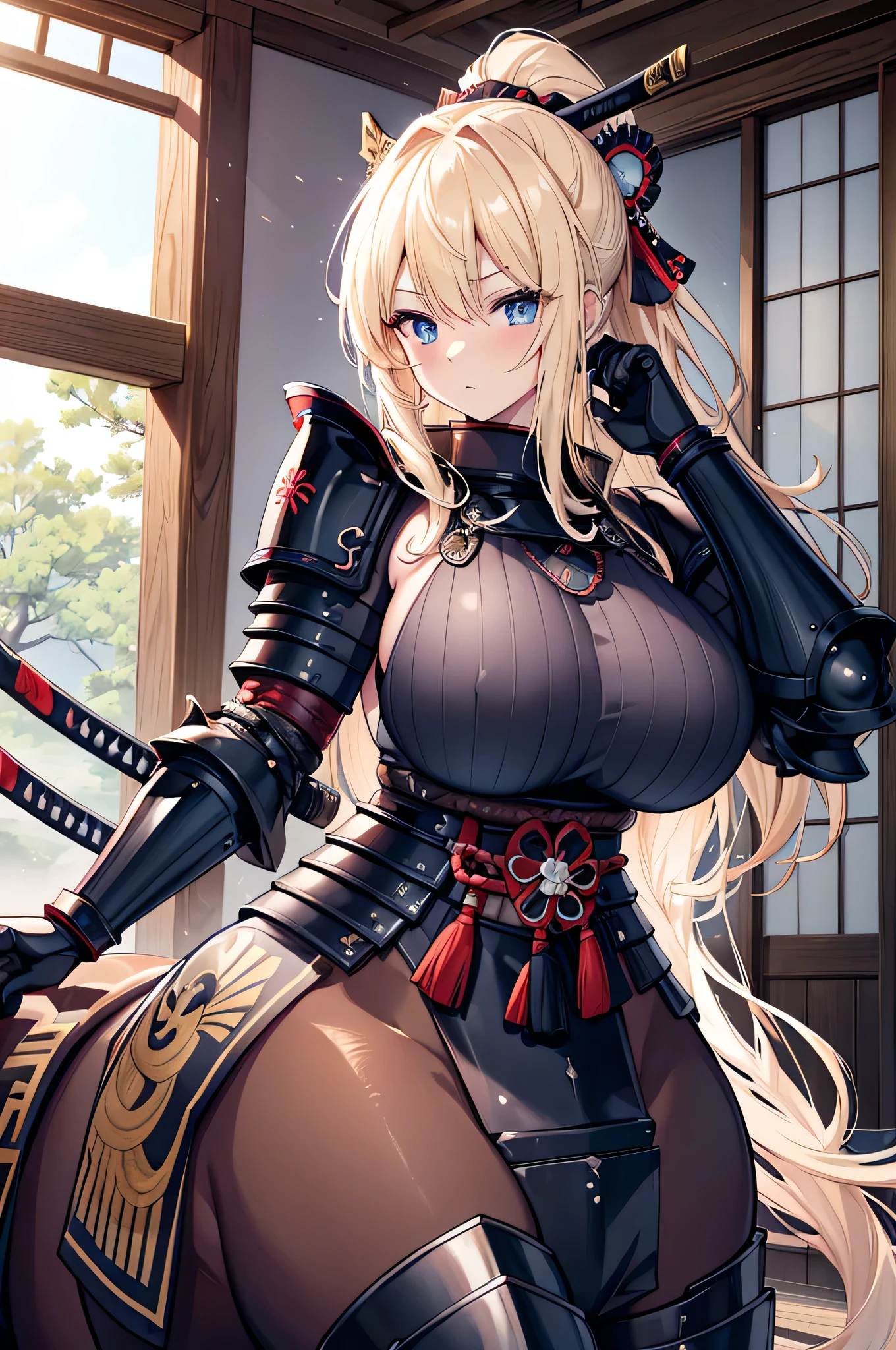 4k,High resolution,One Woman,centaur,Blonde,long hair,Blue Eyes,Big Breasts,samurai,Samurai Armor,Heavy Armor,Full Armor,Jewelry decoration,Big Japan sword,Plains