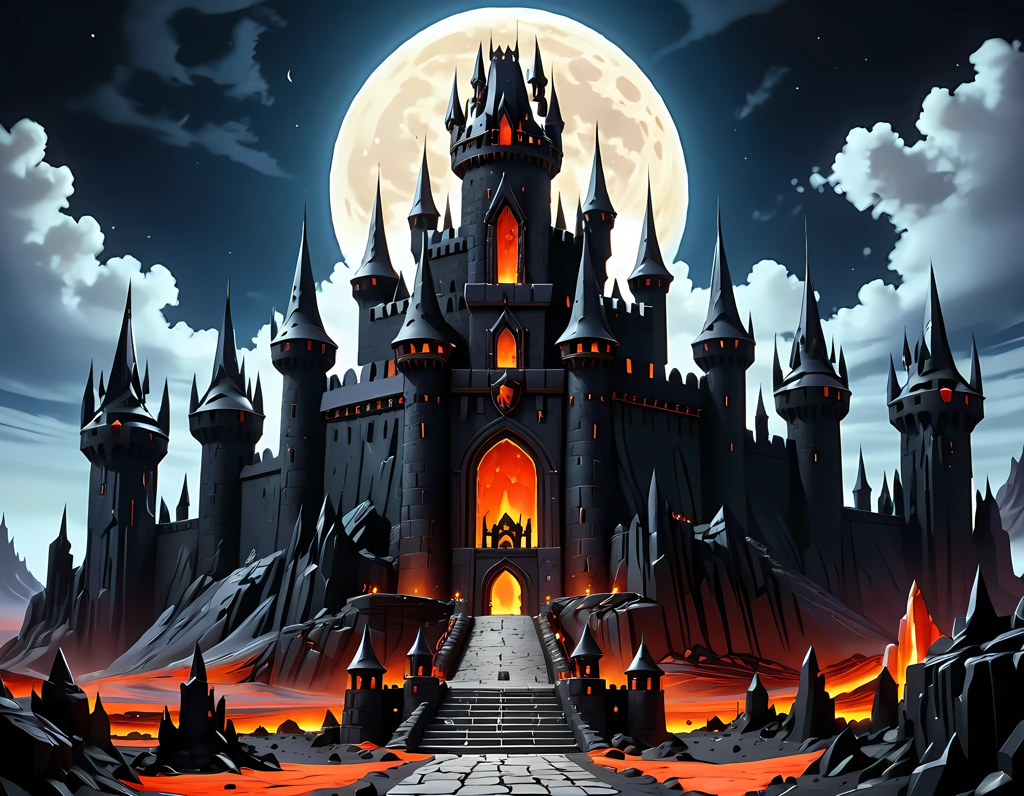 Bright cartoon, evil castle perched ominously on barren landscape of Moon, jagged spires and turrets crafted from obsidian stone, massive gates with skull motifs and lava moats, sinister banners, epic, masterpiece in maximum 16K resolution, superb quality