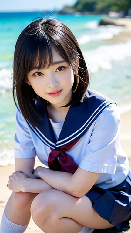 8k、highest quality、Upper Body:1.5、Very detailed、High resolution、8k、Angle from below、Small breasts、Thin lips、Detailed face、Cute Smile、Cute Japanese Woman、Cute 24 year old beauty、Beautiful and elegant face、Cute face、Natural Bangs、Arched eyebrows、Groomed eyebrows、(Large, balanced eyes)、Cute eyes、Beautiful Eyes、Beautiful thin nose、Beautiful face line、Beautiful Skin、Medium Bob Hair、Natural Bangs、Slim face、Slim figure、(A kind smileでカメラを見て)、Lighting the face、Bright lighting、Professional Lighting、Forward lighting、A kind smile、Cute pose、(She is wearing a white blouse shirt and a navy pleated mini skirt.)、Beautiful legs、Smooth skin、Slim and beautiful thighs、((Wearing a white blouse shirt and a navy pleated mini skirt, leaning forward with hands on knees))、Summer Morning、Beautiful white sand beach on a southern island、Tropical Beach、(Lighting the face)、Knee-high socks、Large ribbon on the chest、、Sailor Uniform、
