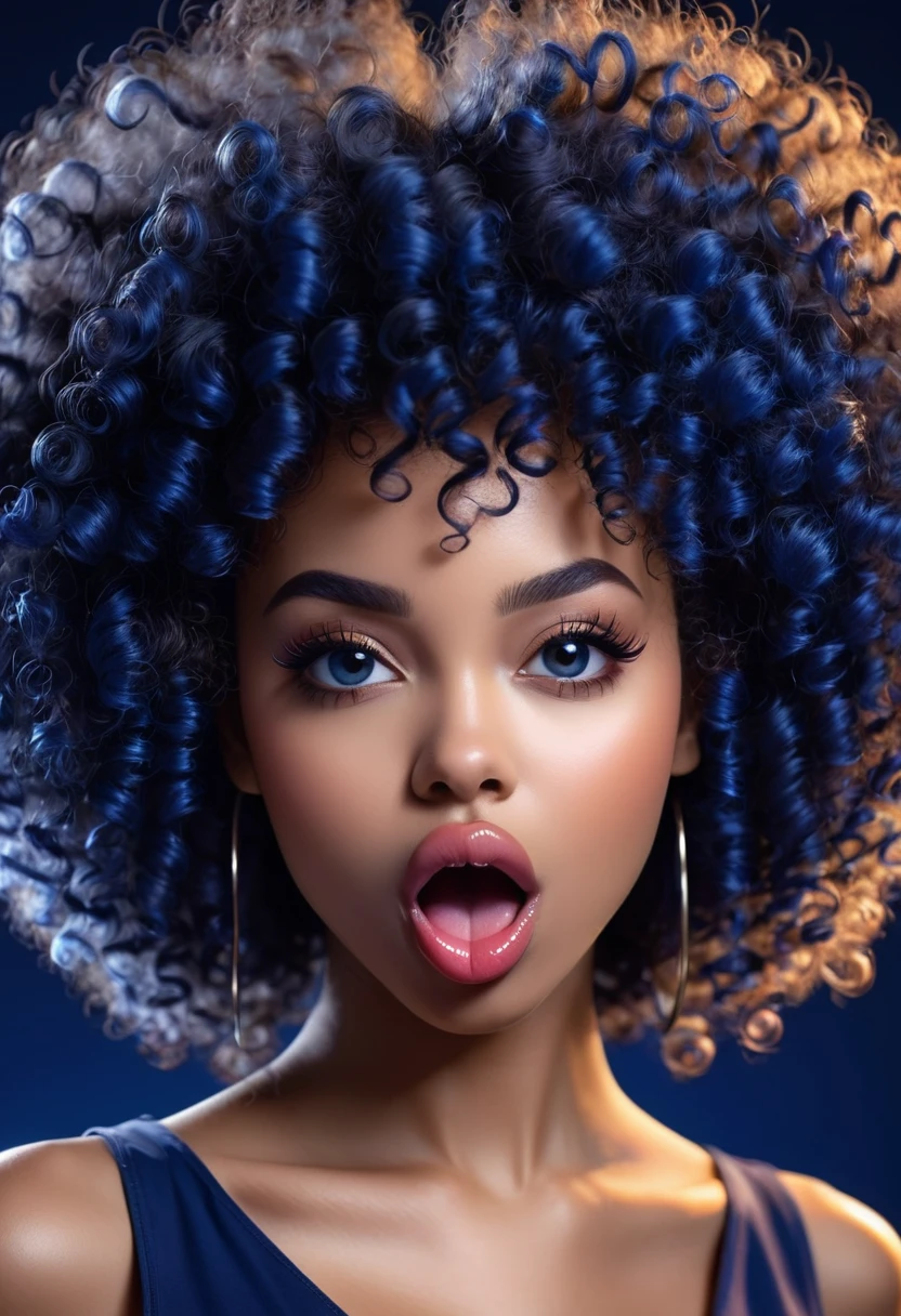 Create for me a perfect girl afro curly hair of dark blue color she is looking at the camera with a wicked look, she puts her tongue out and starts salivating, a "saliva of hers begins to fall gently down the tip of her tongue" she and goes crazy, beautiful, professional photo, 4k, high resolution, high detail, anime style