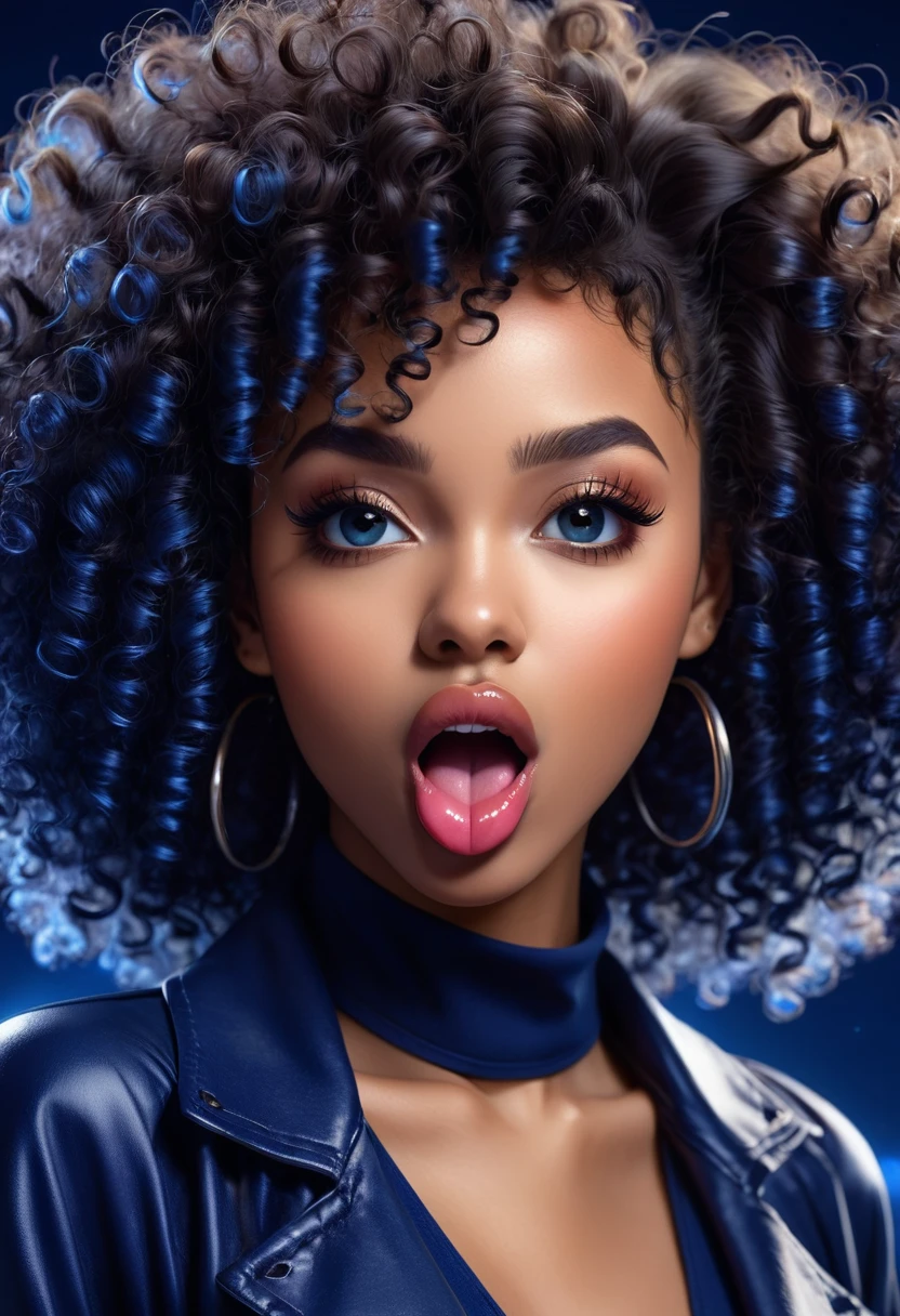 Create for me a perfect girl afro curly hair of dark blue color she is looking at the camera with a wicked look, she puts her tongue out and starts salivating, a "saliva of hers begins to fall gently down the tip of her tongue" she and goes crazy, beautiful, professional photo, 4k, high resolution, high detail, anime style