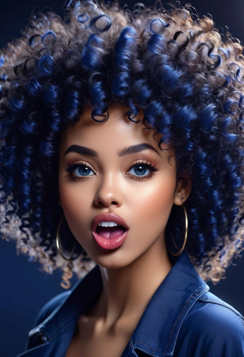 Create for me a perfect girl afro curly hair of dark blue color she is looking at the camera with a wicked look, she puts her tongue out and starts salivating, a "saliva of hers begins to fall gently down the tip of her tongue" she and goes crazy, beautiful, professional photo, 4k, high resolution, high detail, anime style
