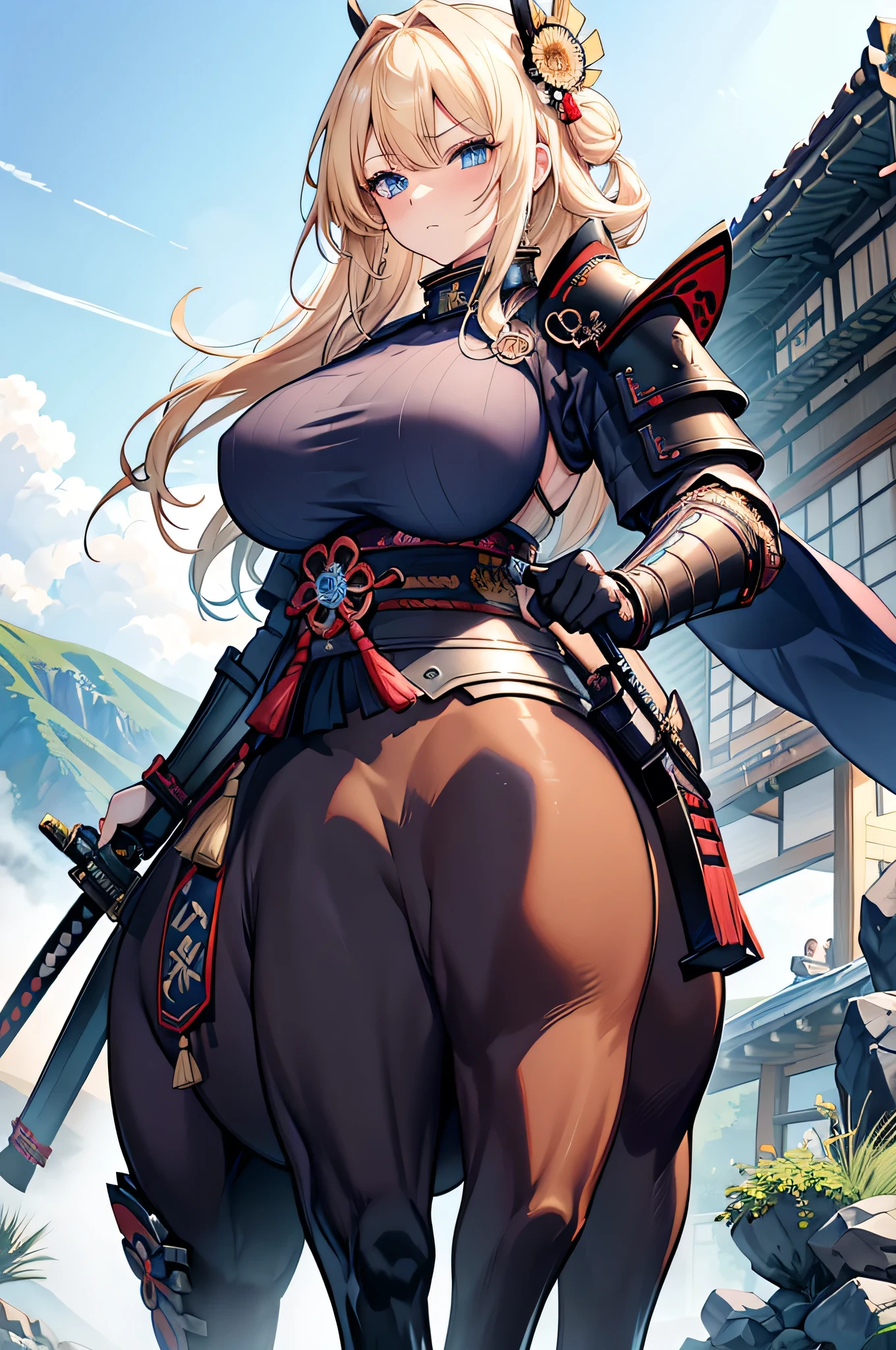 4k,High resolution,One Woman,centaur,Blonde,long hair,Blue Eyes,Big Breasts,samurai,Samurai Armor,Heavy Armor,Full Armor,Jewelry decoration,Big Japan sword,Plains