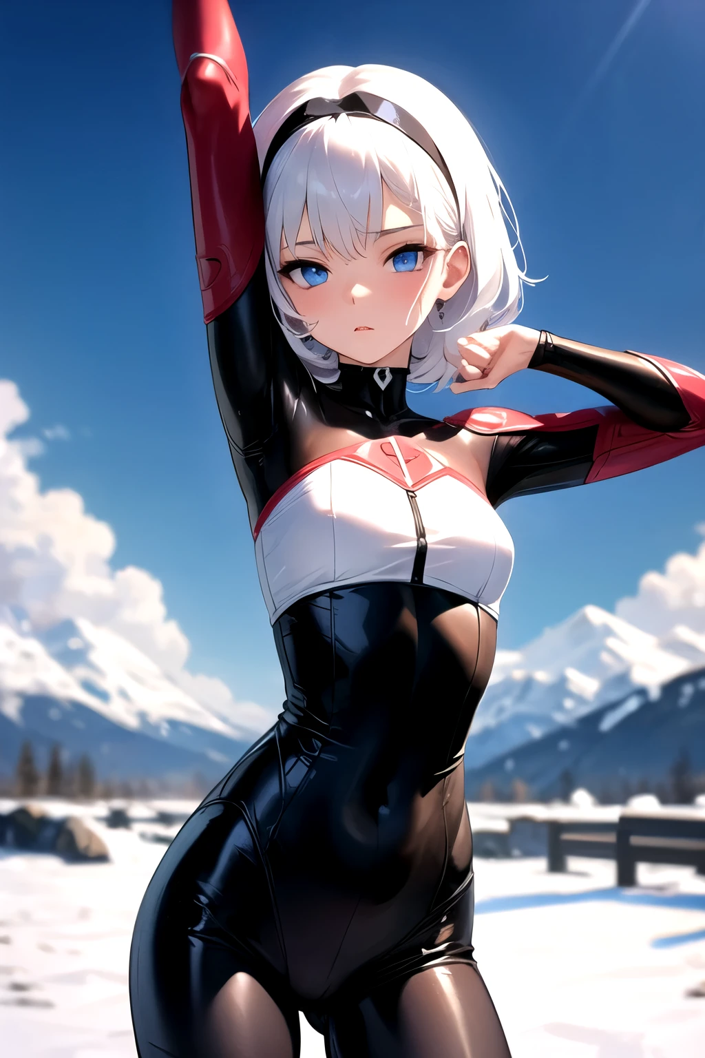 Photo, masterpiece, Best quality, wallpaper, 1 girl, square haircut, ,snow-white hair, sky blue eyes, Hair accessories, bodysuit, stretches his legs into the frame, lustful look