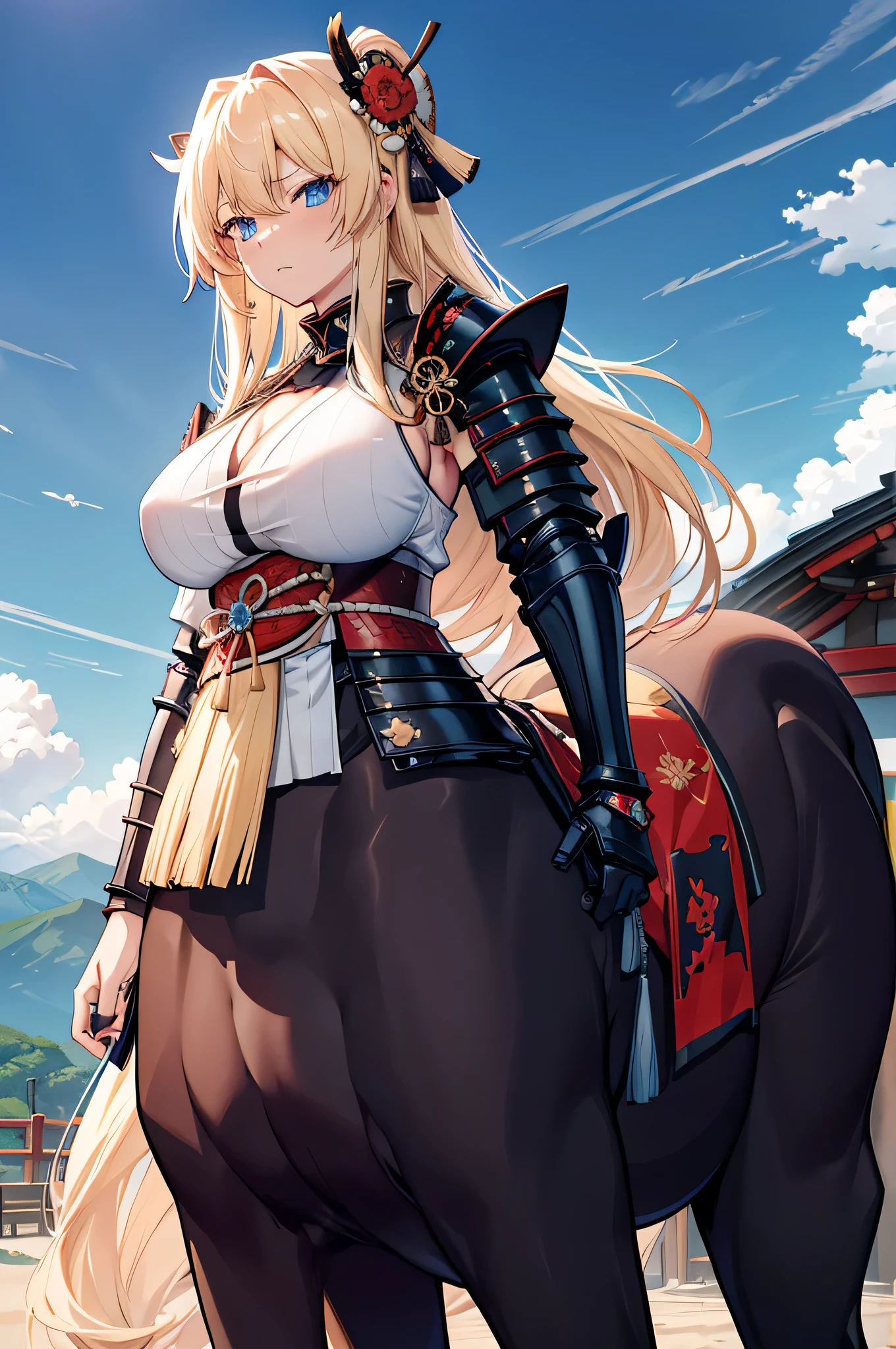 4k,High resolution,One Woman,centaur,Blonde,long hair,Blue Eyes,Big Breasts,samurai,Samurai Armor,Heavy Armor,Full Armor,Jewelry decoration,Big Japan sword,Plains