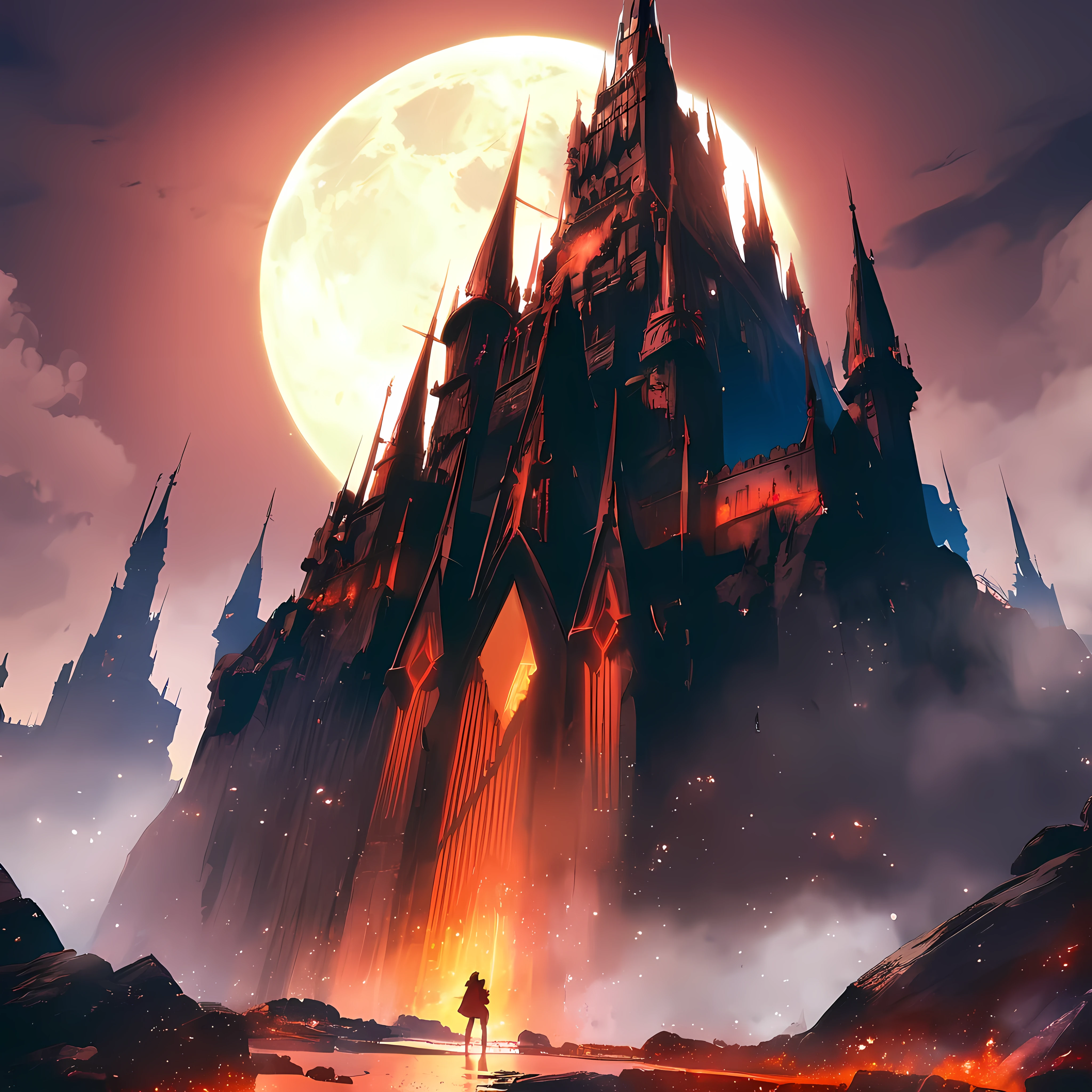 Bright cartoon, evil castle perched ominously on barren landscape of Moon, jagged spires and turrets crafted from obsidian stone, massive gates with skull motifs and lava moats, sinister banners, epic, masterpiece in maximum 16K resolution, superb quality