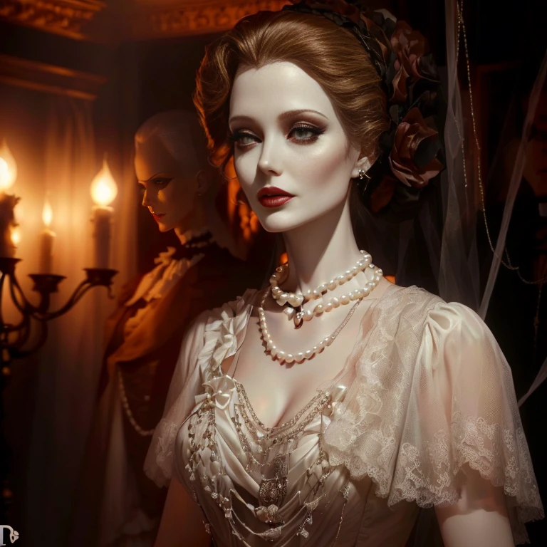 A fifty-year-old mannequin wearing a white dress with pearls and a necklace, Animatronics Angelina Jolie, Spooky mannequin, Inspired by Herbert James Gunn, Victorian Vampire, Wax figure, elegant Victorian Vampire, Bride of Frankenstein, Haunted house, Madame Dimitrescu, horror animatronic, victorian day of the dead, Gothic Antique Theme, Eerily beautiful zombies