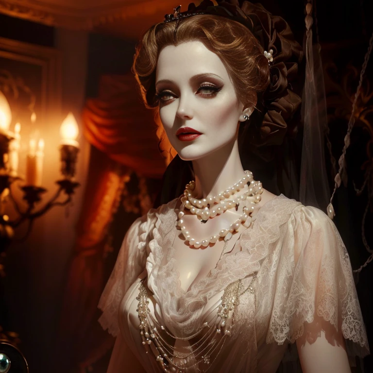 A fifty-year-old mannequin wearing a white dress with pearls and a necklace, Animatronics Angelina Jolie, Spooky mannequin, Inspired by Herbert James Gunn, Victorian Vampire, Wax figure, elegant Victorian Vampire, Bride of Frankenstein, Haunted house, Madame Dimitrescu, horror animatronic, victorian day of the dead, Gothic Antique Theme, Eerily beautiful zombies