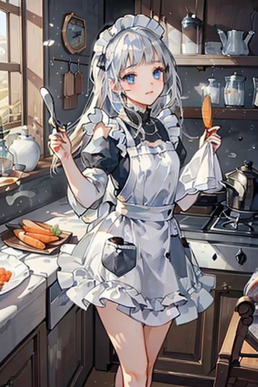 (8k, highest quality, Tabletop:1.2), Ultra-high resolution, One ****************, Detailed face, blue eyes, Slightly droopy eyes, Silver long hair, Classic maid outfit in black and white, Luxurious Western-style house kitchen, Cooking, Cutting carrots with a kitchen knife