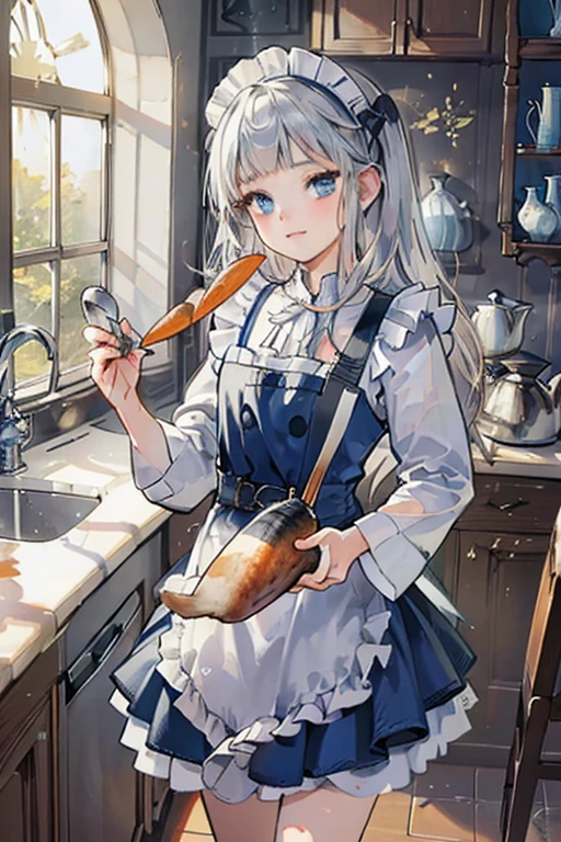 (8k, highest quality, Tabletop:1.2), Ultra-high resolution, One ****************, Detailed face, blue eyes, Slightly droopy eyes, Silver long hair, Classic maid outfit in black and white, Luxurious Western-style house kitchen, Cooking, Cutting carrots with a kitchen knife