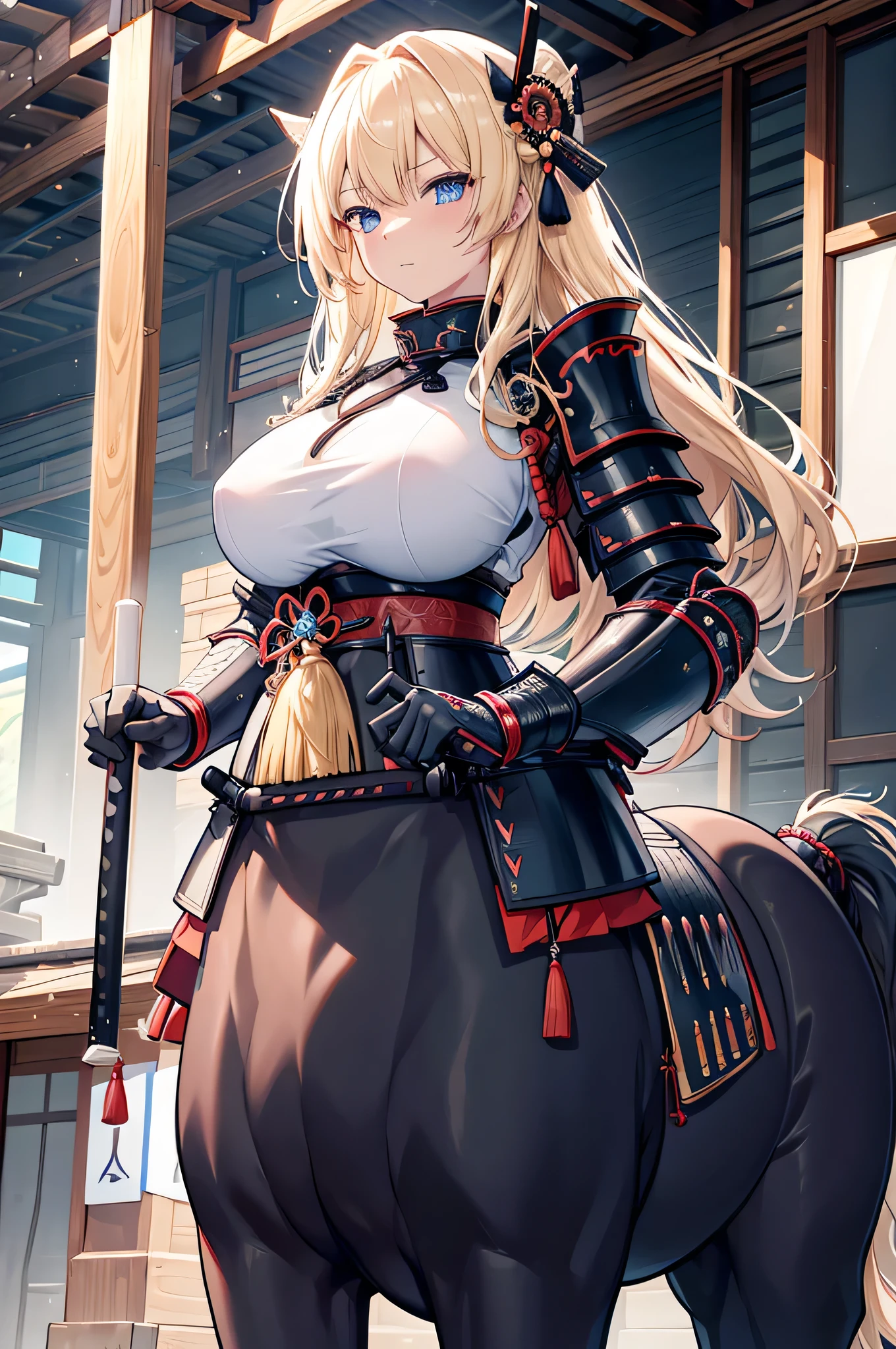 4k,High resolution,One Woman,centaur,Blonde,long hair,Blue Eyes,Big Breasts,samurai,Samurai Armor,Heavy Armor,Full Armor,Jewelry decoration,Big Japan sword,Plains