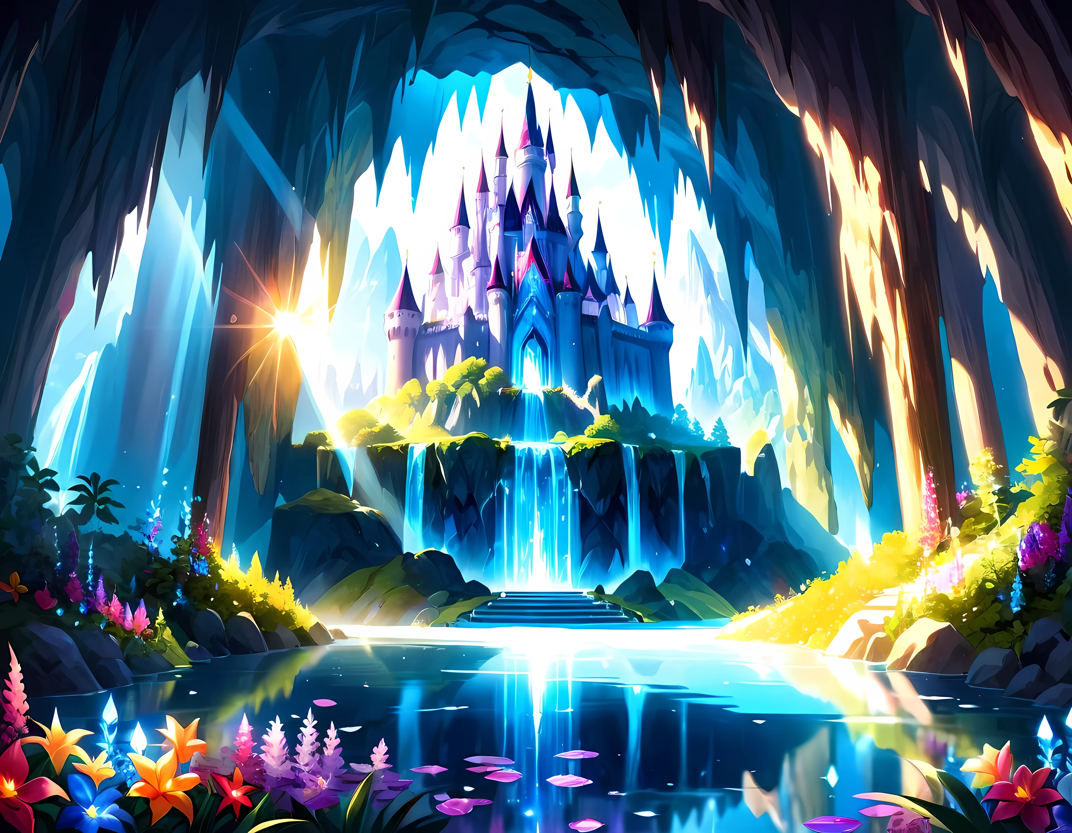 Bright cartoon, inside the mystical cave beside the abyss lies a magic crystal castle, made entirely of shimmering crystals of various colors, reflecting the sunlight in a dazzling display, surrounding the castle are vibrant gardens filled with exotic flowers and sparkling waterfalls, masterpiece in maximum 16K resolution, superb quality