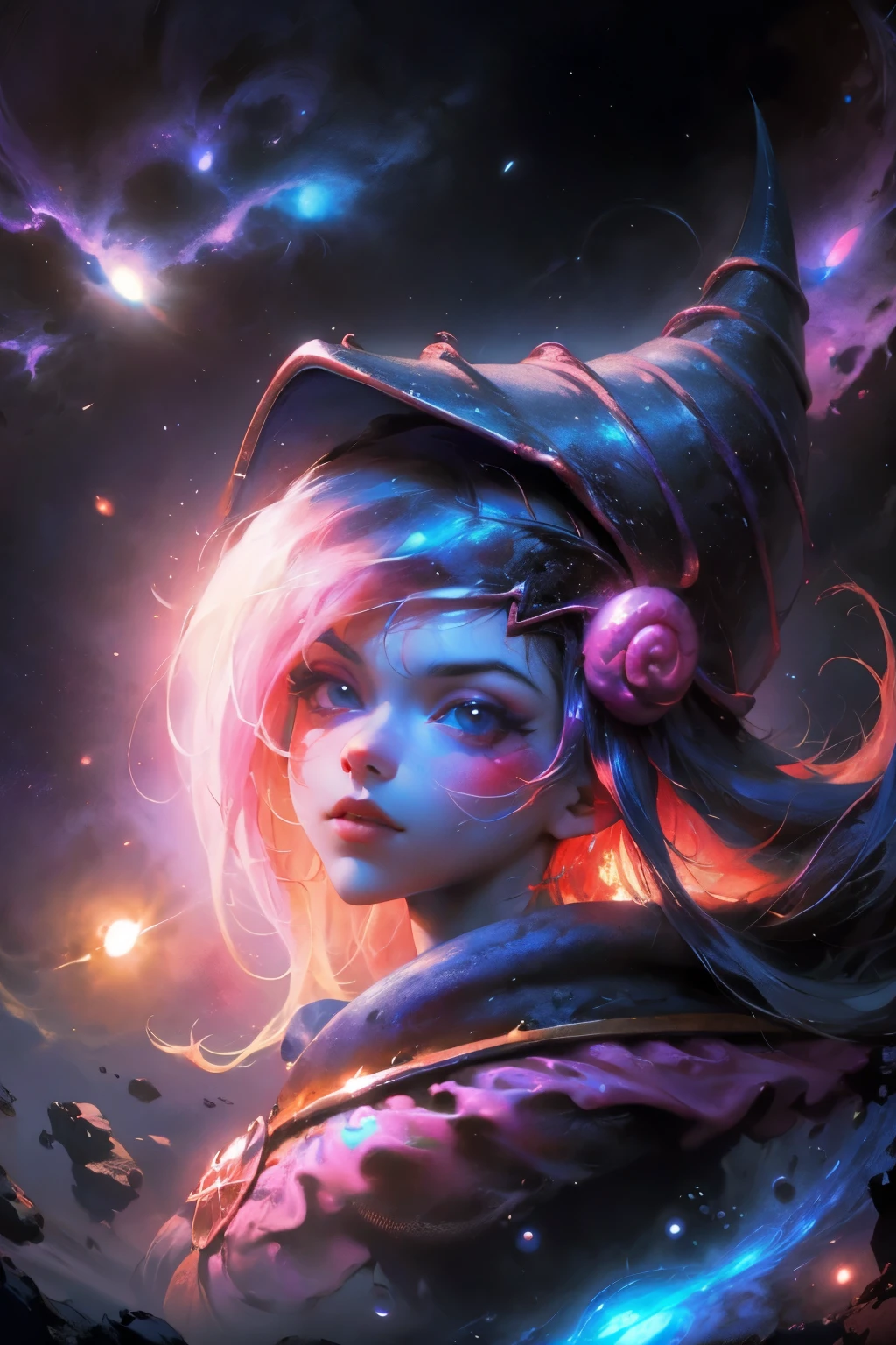 Giles magos oscuros. magos oscuros. ojos azules. cabello rubio. labios rojos. Detailed Features.., cosmic colors, ethereal lighting, Pintura surrealista, high resolution, otherworldly atmosphere, Seres celestiales. Hermosa diosa