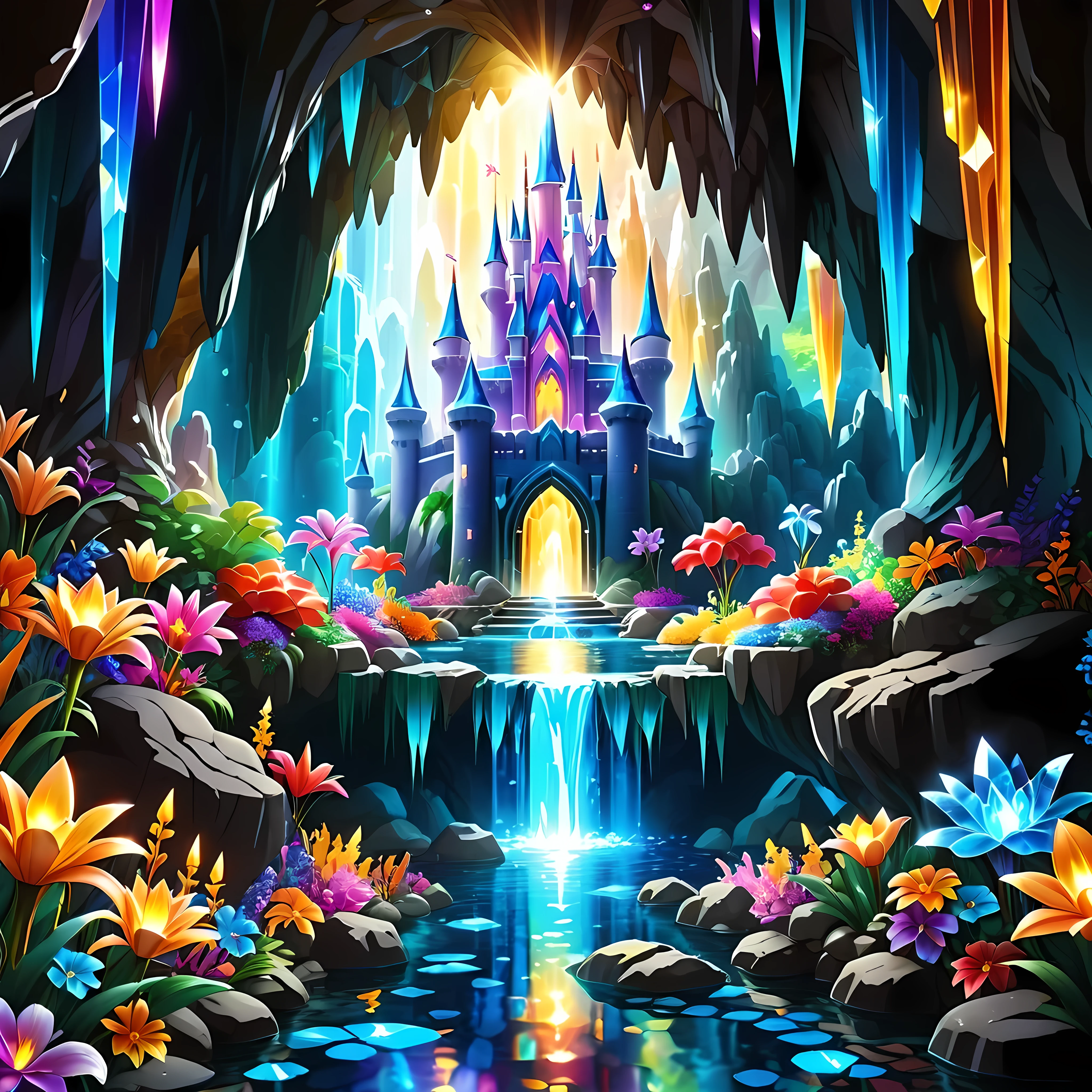 Bright cartoon, inside the mystical cave beside the abyss lies a magic crystal castle, made entirely of shimmering crystals of various colors, reflecting the sunlight in a dazzling display, surrounding the castle are vibrant gardens filled with exotic flowers and sparkling waterfalls, masterpiece in maximum 16K resolution, superb quality