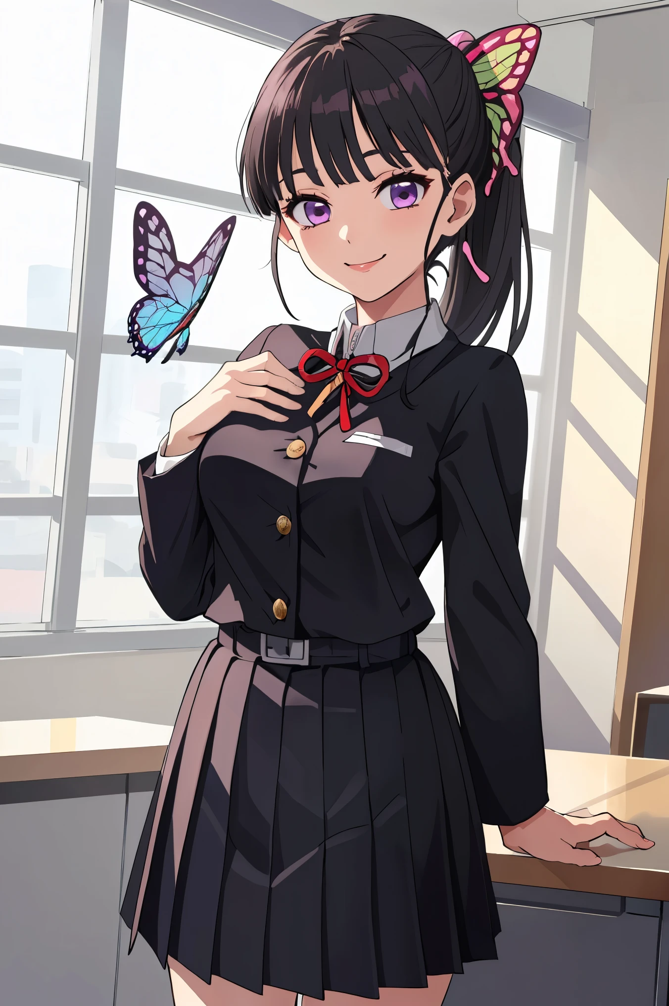 kanao tsuyuri, black hair, butterfly, butterfly hair ornament, (purple eyes:1.1), side ponytail, ponytail, 
black skirt, office uniform, pleated skirt, skirt, 
(best quality, masterpiece, RAW photo,ultra-detailed:1.2), 1girl,solo,looking at viewer,smile